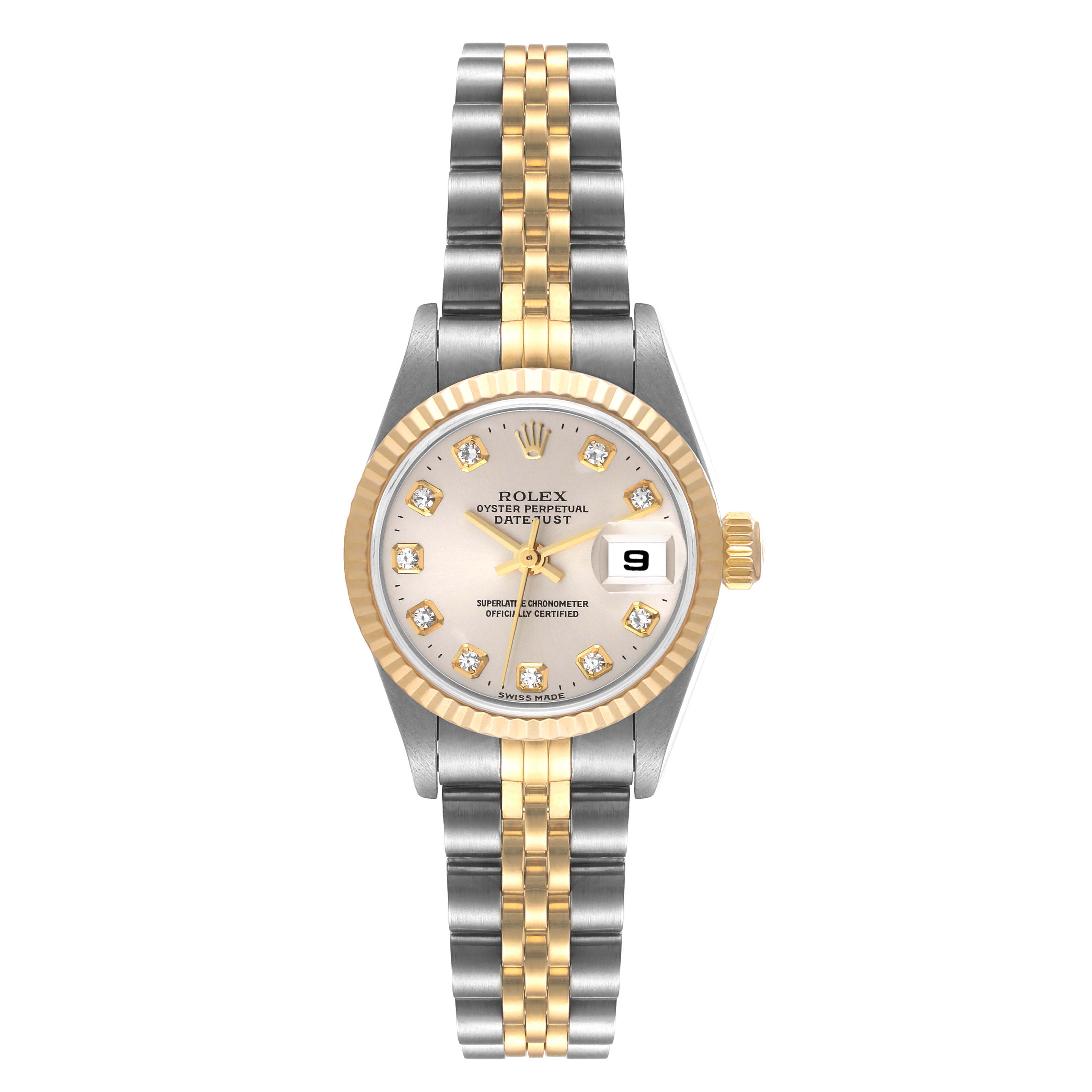 The Rolex Datejust 79173 Women
s Steel and Gold (two tone) Silver Dial 79173 Women
s Steel and Gold (two tone) Silver Dial watch is shown from the front, displaying its face, crown, and two-tone bracelet.