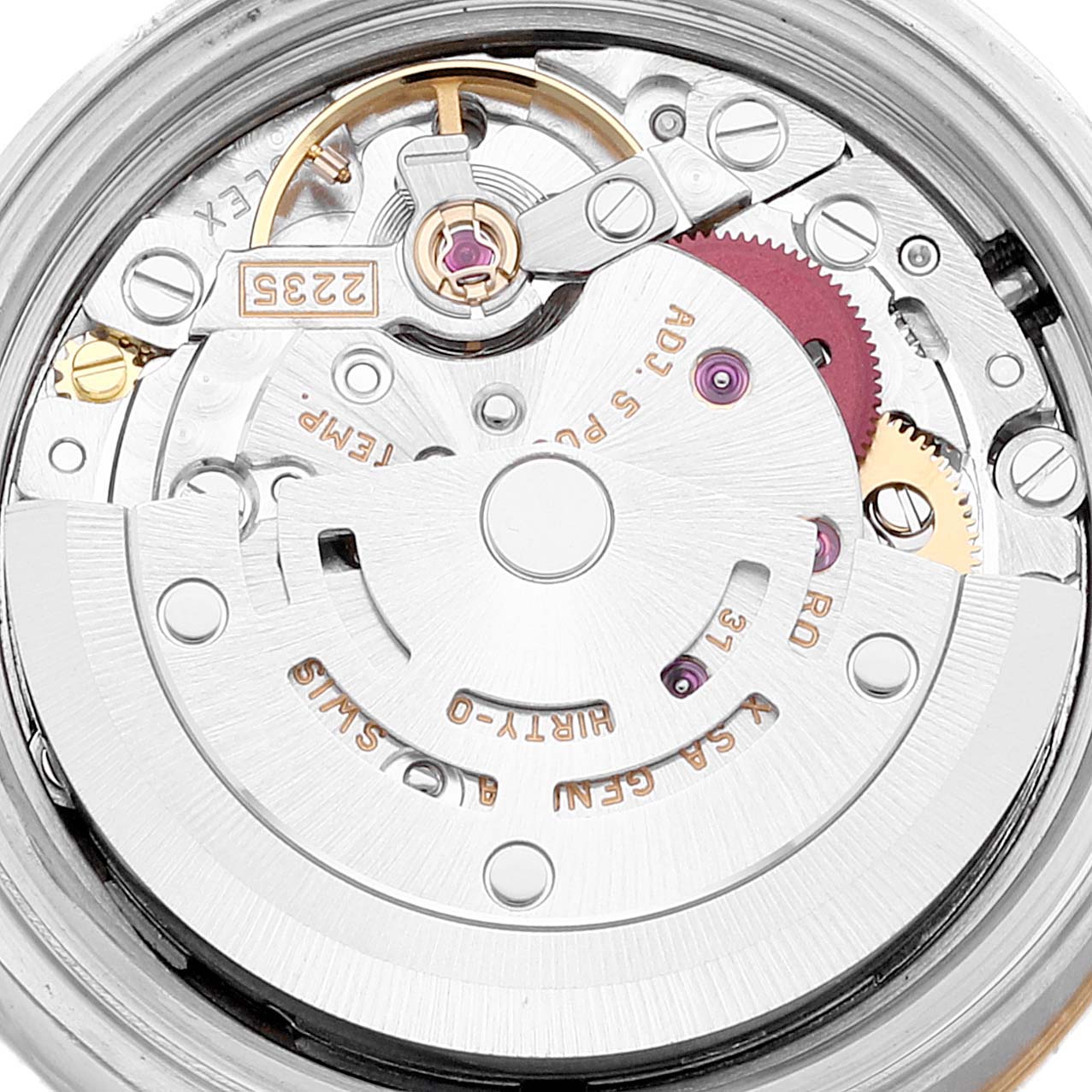 This image shows the intricate movement mechanism of a Rolex Datejust 79173 Women
s Steel and Gold (two tone) Silver Dial 79173 Women
s Steel and Gold (two tone) Silver Dial watch taken from a top-down angle.