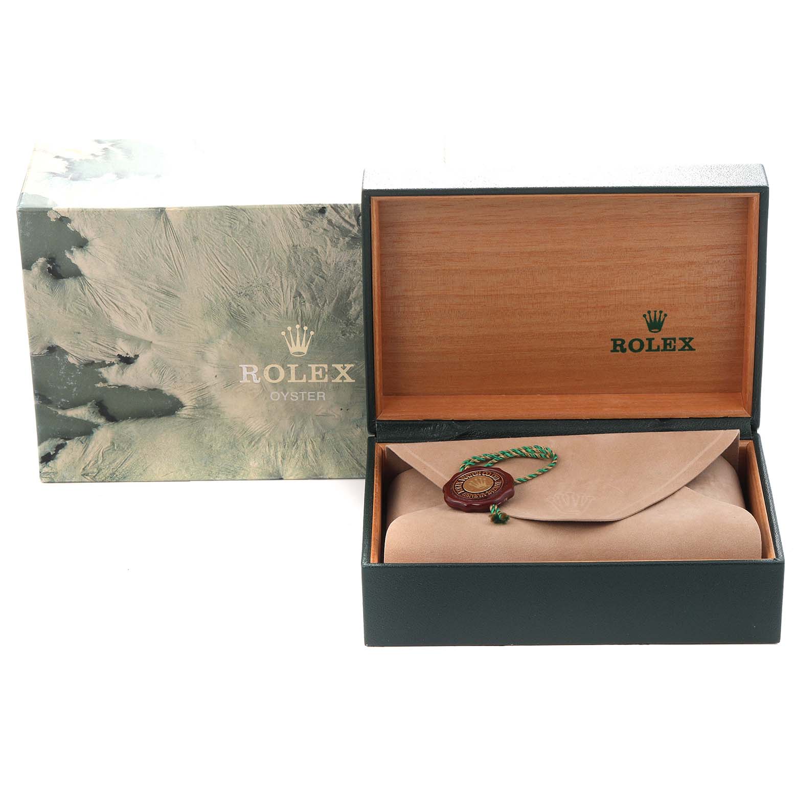 The image shows the packaging of a Rolex Datejust model 16013, featuring an outer box, an open inner box, and a protective pouch inside.