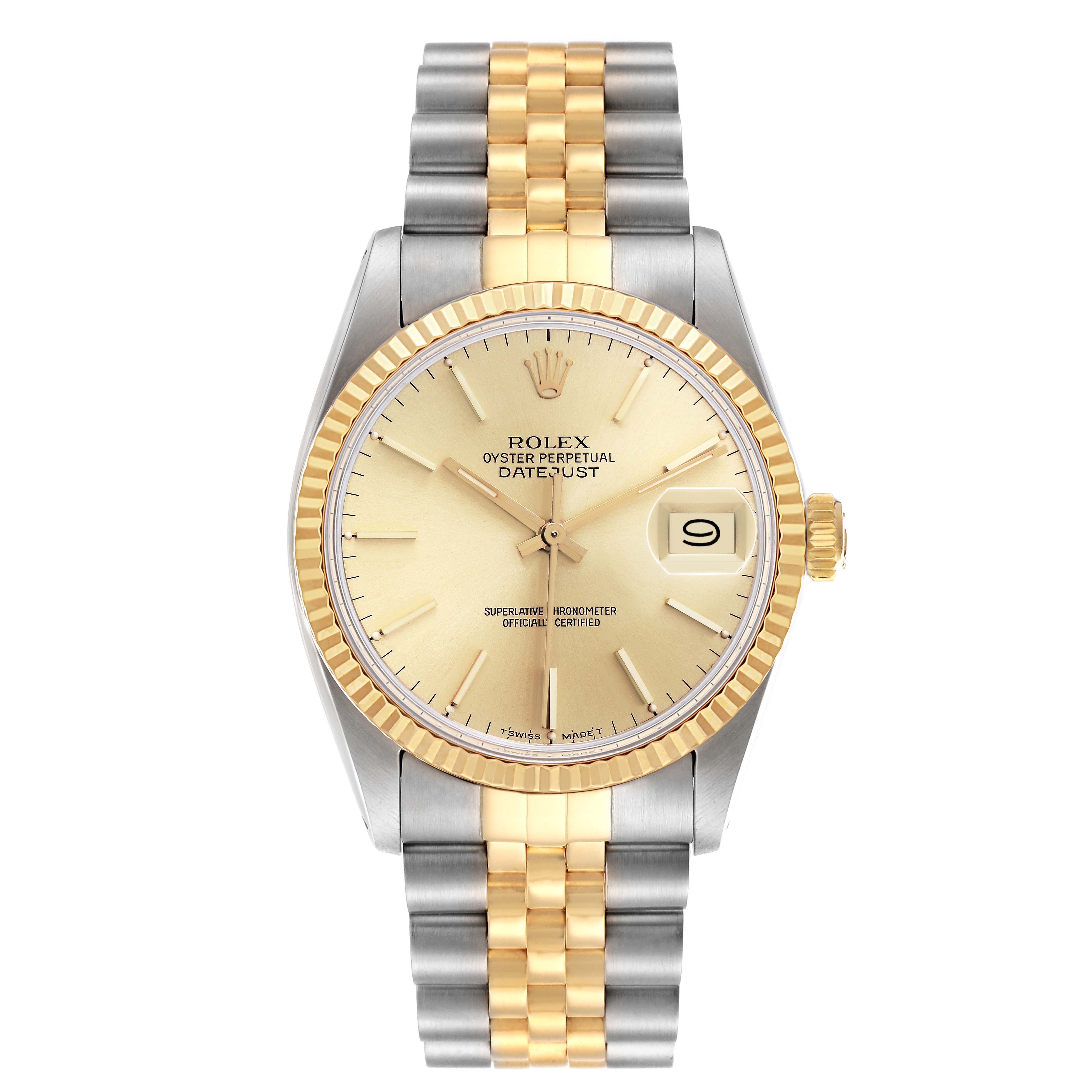 The image shows a Rolex Datejust model 16013 men's watch from a front angle, displaying its gold dial, bezel, and two-tone bracelet.