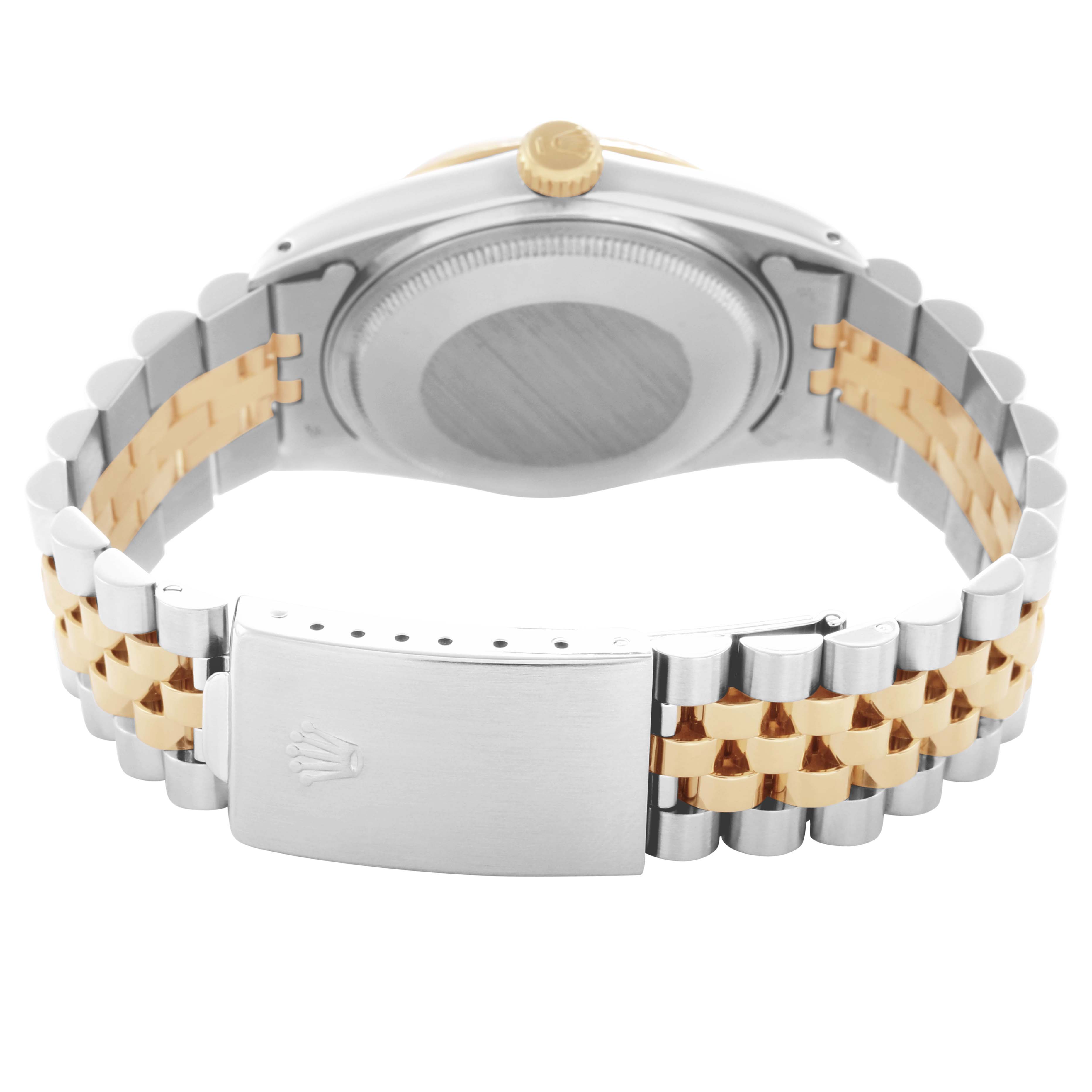 The Rolex Datejust model 16013 men's watch is shown from the rear, displaying the case back, crown, and two-tone Jubilee bracelet with the clasp visible.