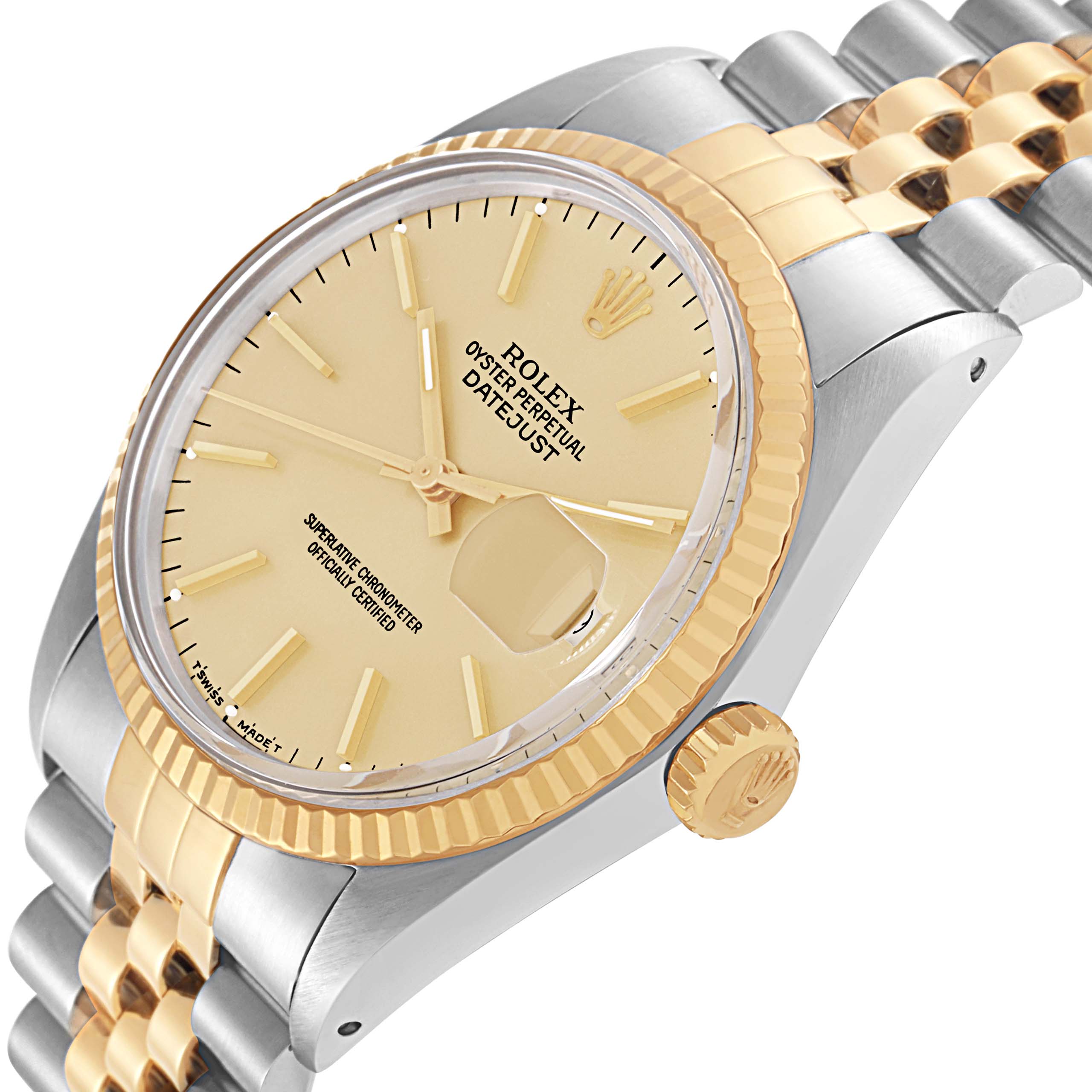 The Rolex Datejust model 16013 is shown from an angled side view, displaying its two-tone bracelet, fluted bezel, champagne dial, and crown.