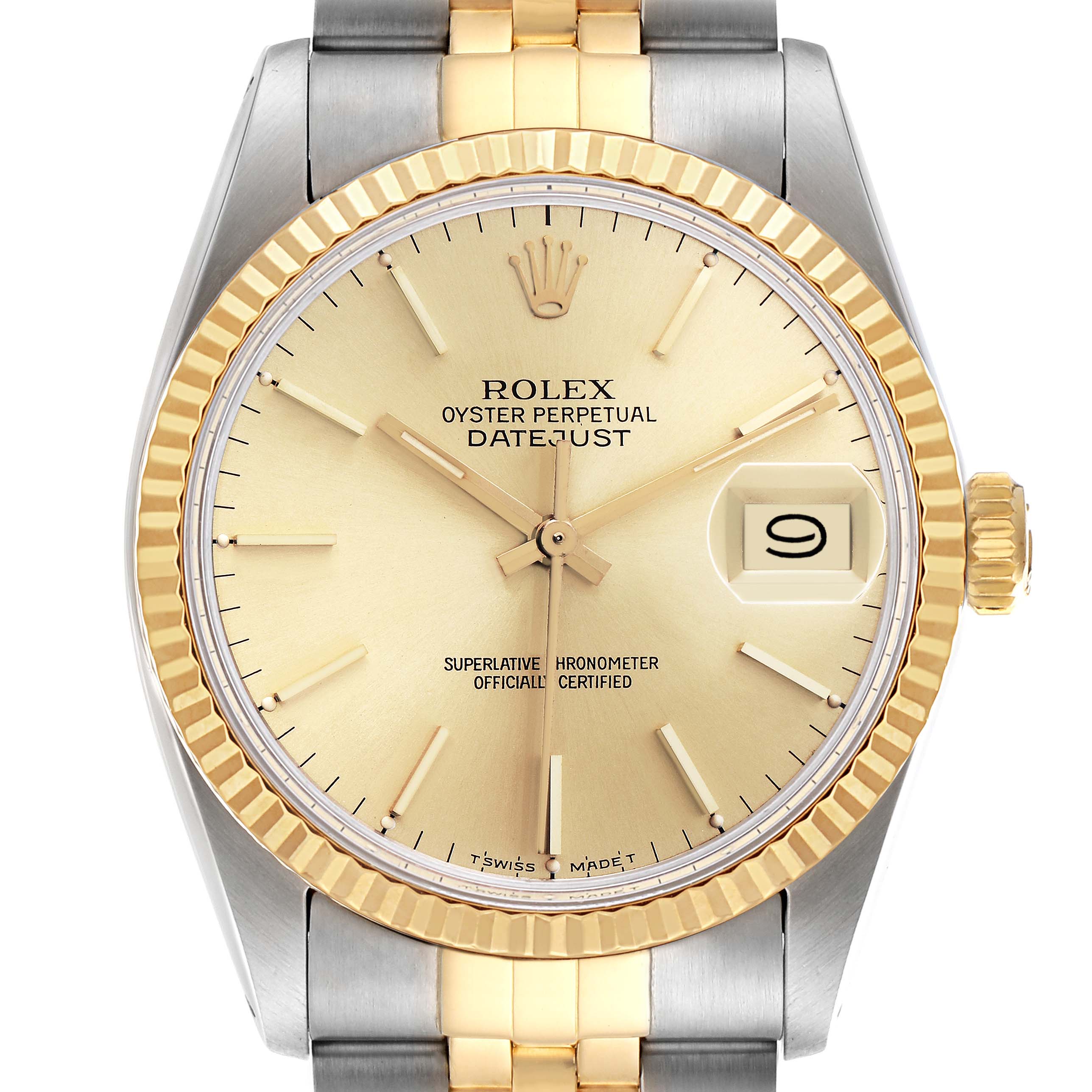 The image shows a front view of the Rolex Datejust model 16013, highlighting its gold bezel, champagne dial, and two-tone bracelet.