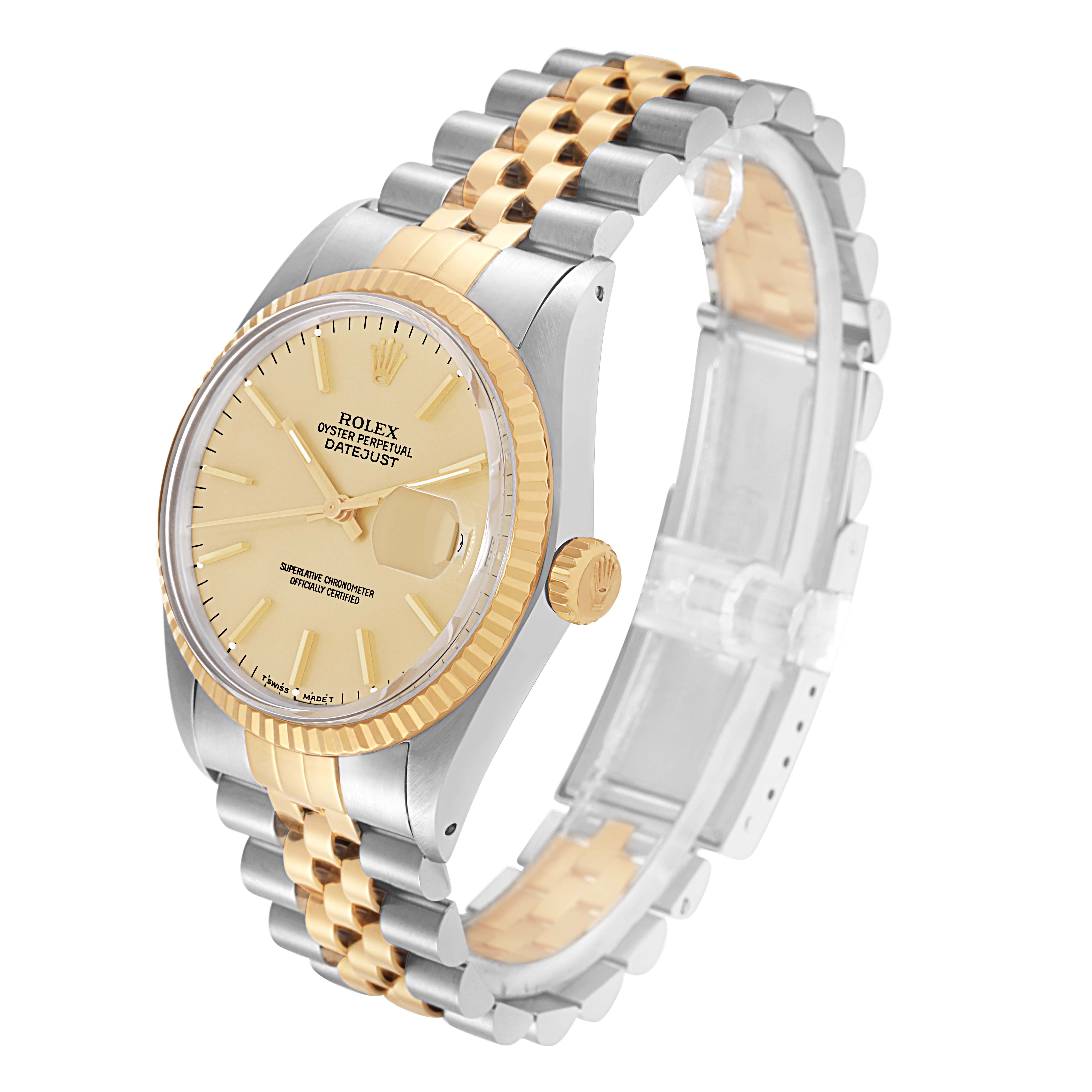 This image shows a Rolex Datejust model 16013 men's watch at a side angle, highlighting the bezel, dial, bracelet, and crown.