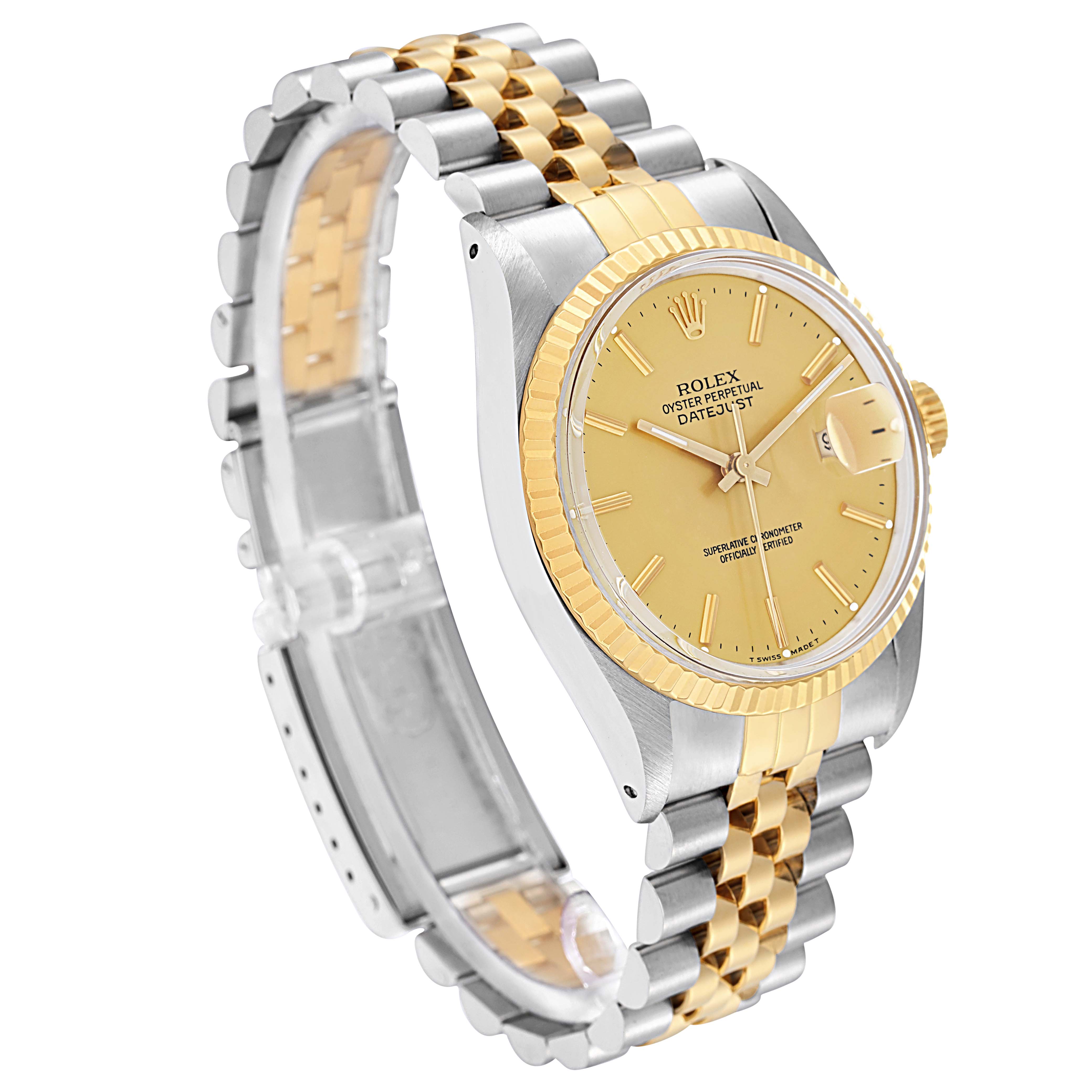 The Rolex Vintage Collection model 16013 is shown at an angle highlighting the dial, bezel, and two-tone bracelet, with focus on the yellow gold and steel features.