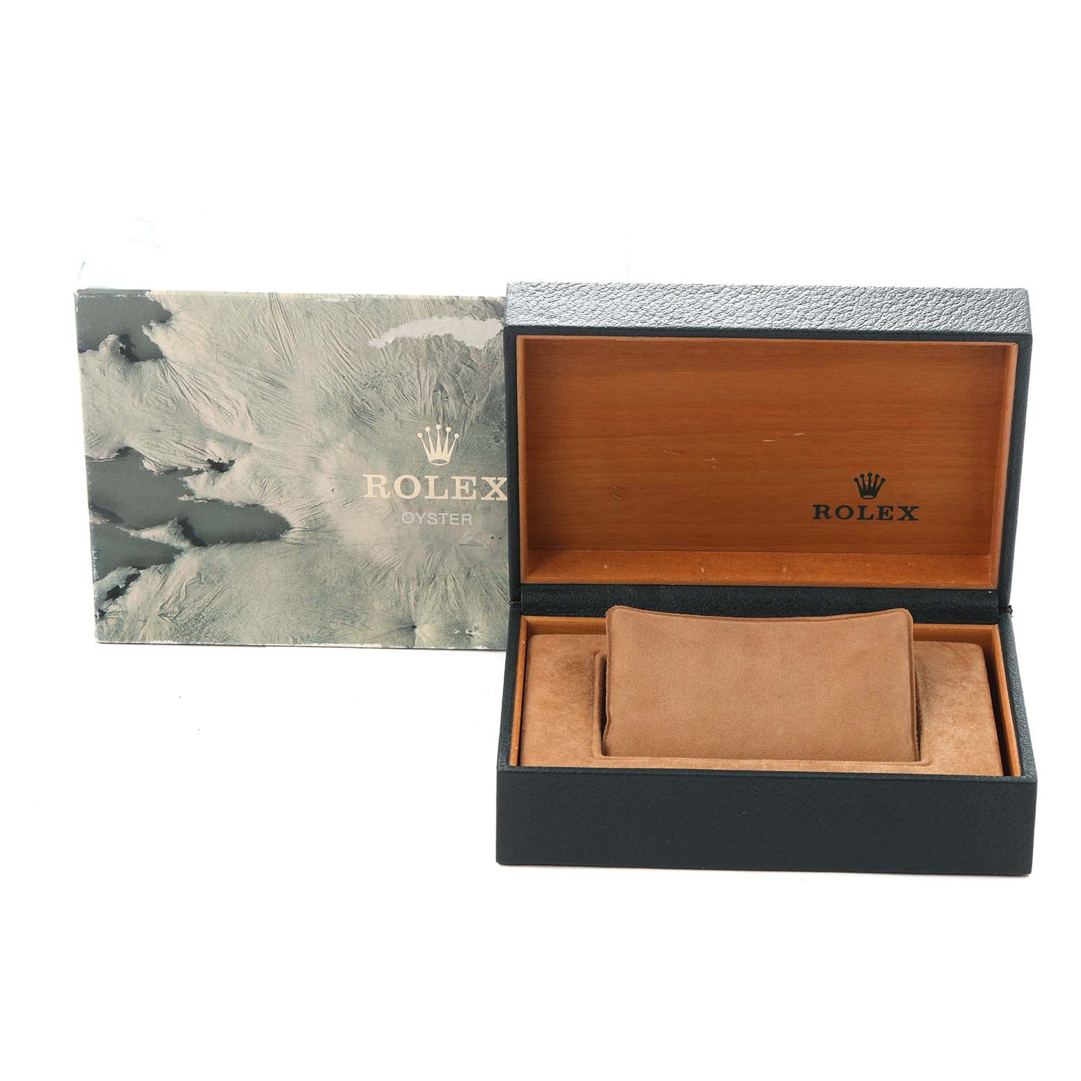 The image shows a Rolex watch box, likely for the Vintage Collection Model 16013, displaying both the outer cover and the open interior with a cushion.