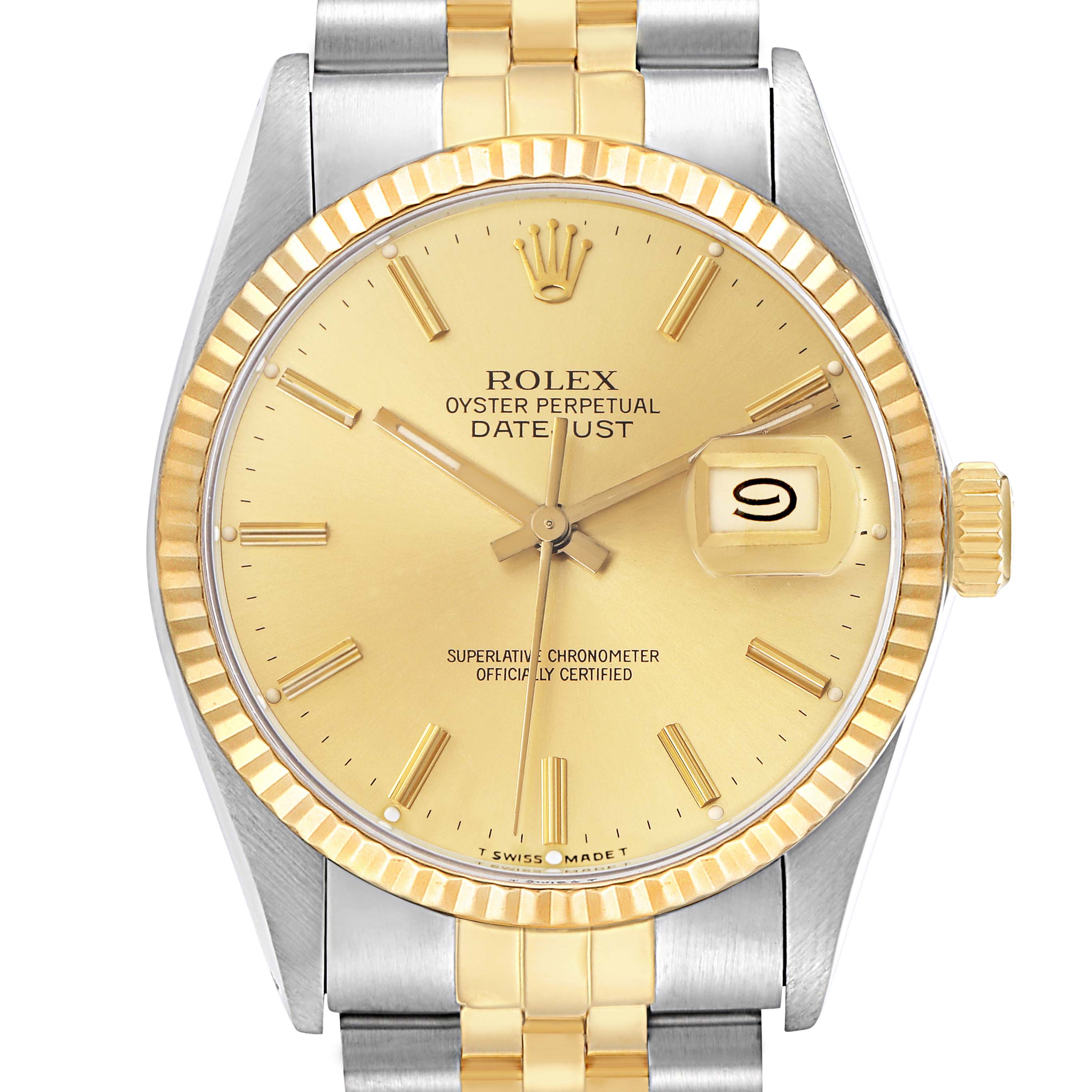The Rolex Vintage Collection model 16013 is shown from the front, highlighting the gold dial, fluted bezel, and date window of this men's watch.