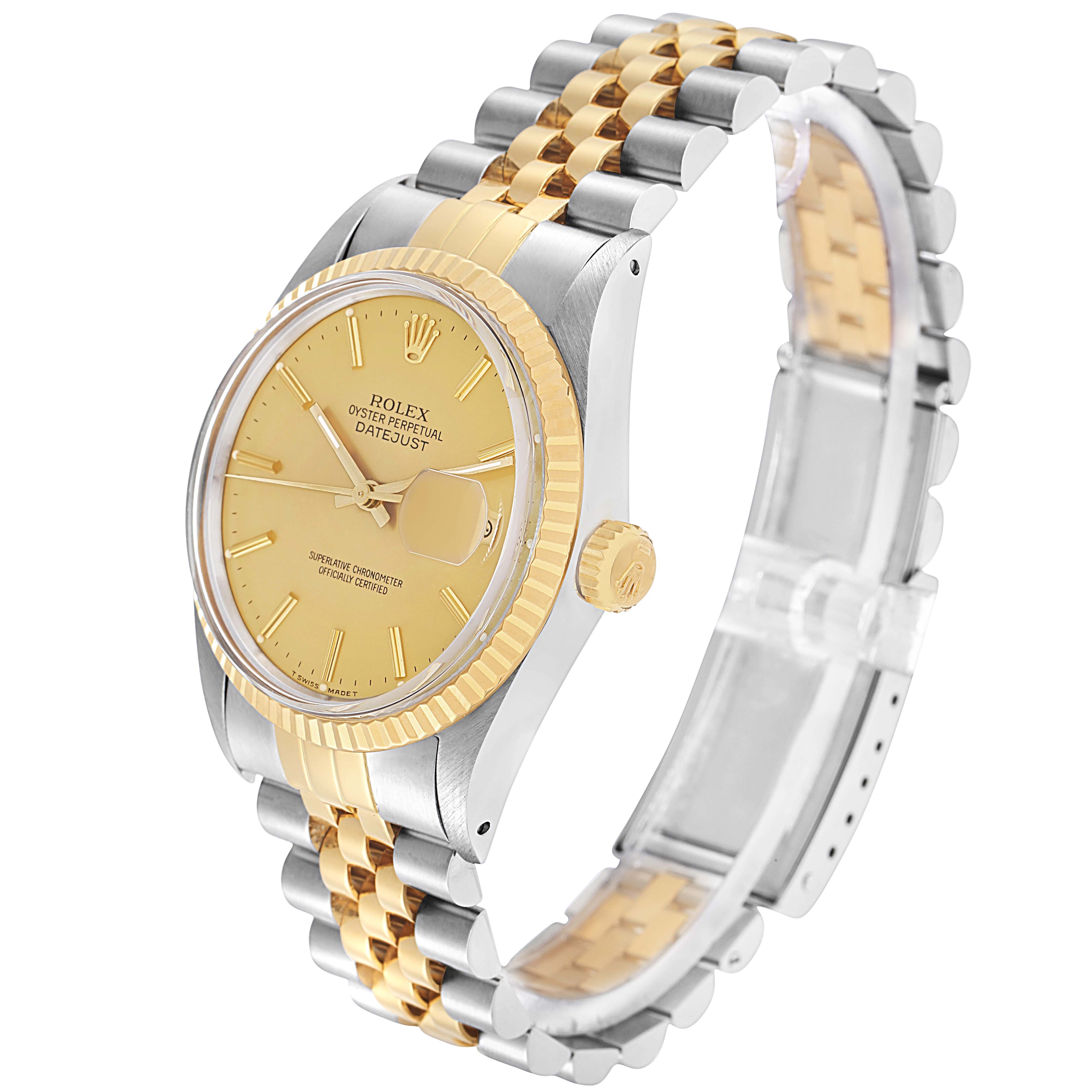 The Rolex Vintage Collection model 16013 is shown at a three-quarter angle, highlighting the case, dial, crown, and two-tone bracelet.