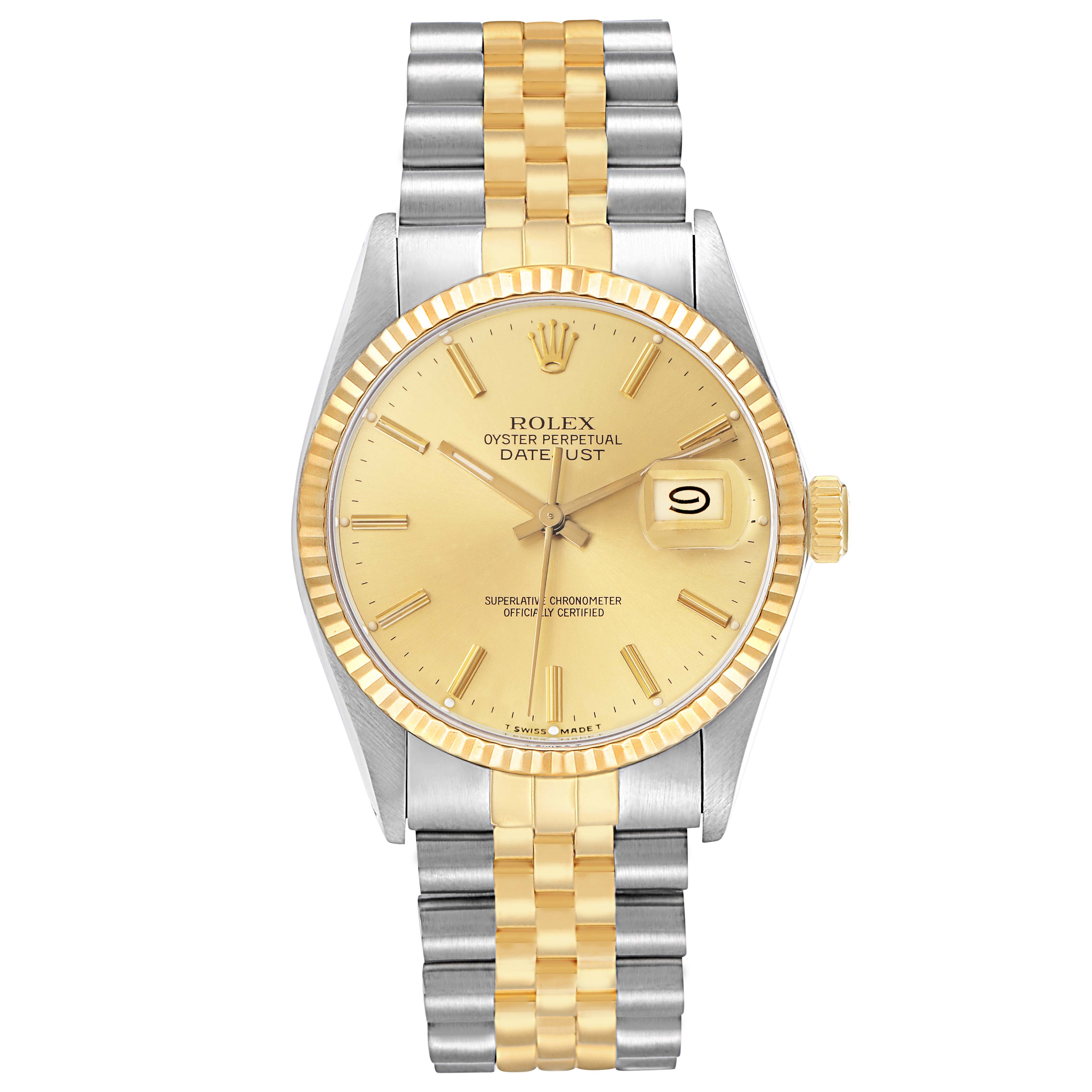 The image shows a Rolex Vintage Collection men's watch, model 16013, from a frontal angle, displaying its face, two-tone bezel, and Jubilee bracelet.