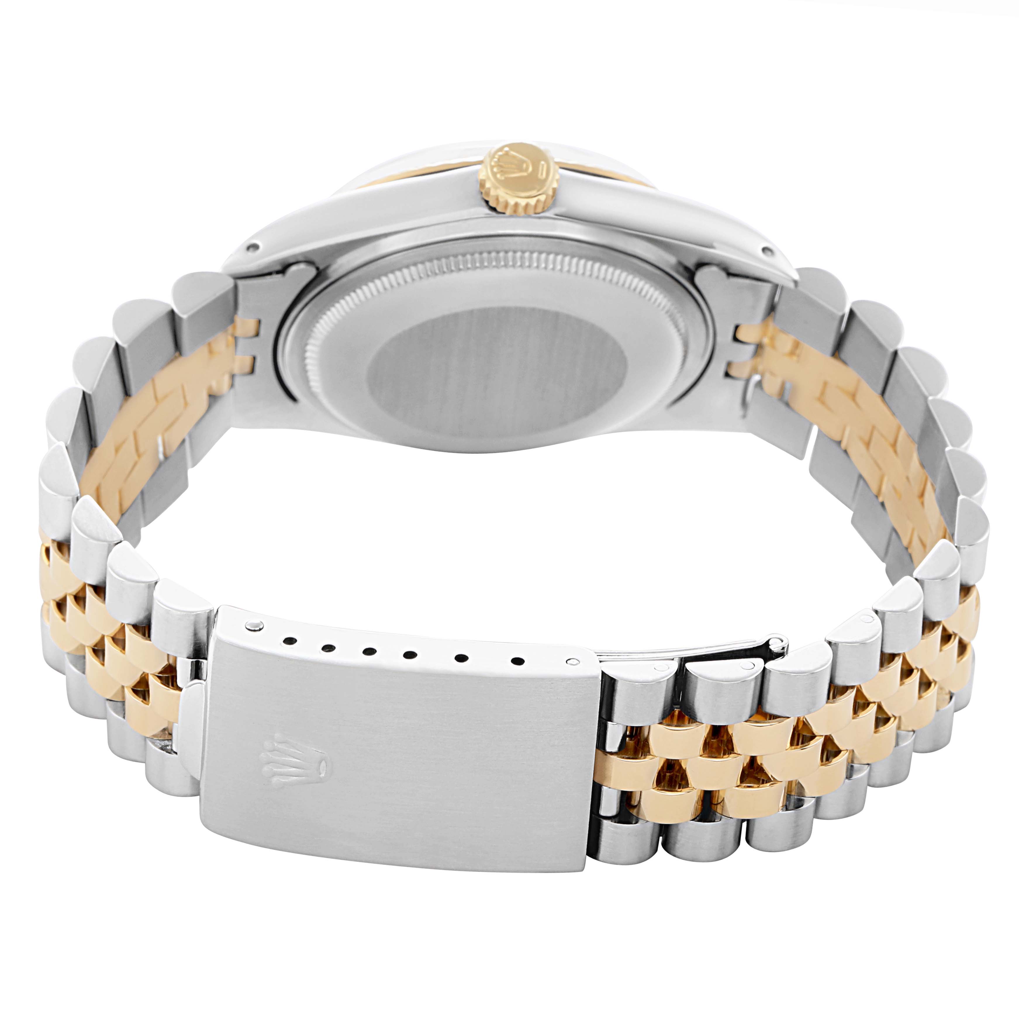 The image shows the back angle of a Rolex Vintage Collection Model 16013 men's watch, highlighting the two-tone bracelet, case back, and clasp.