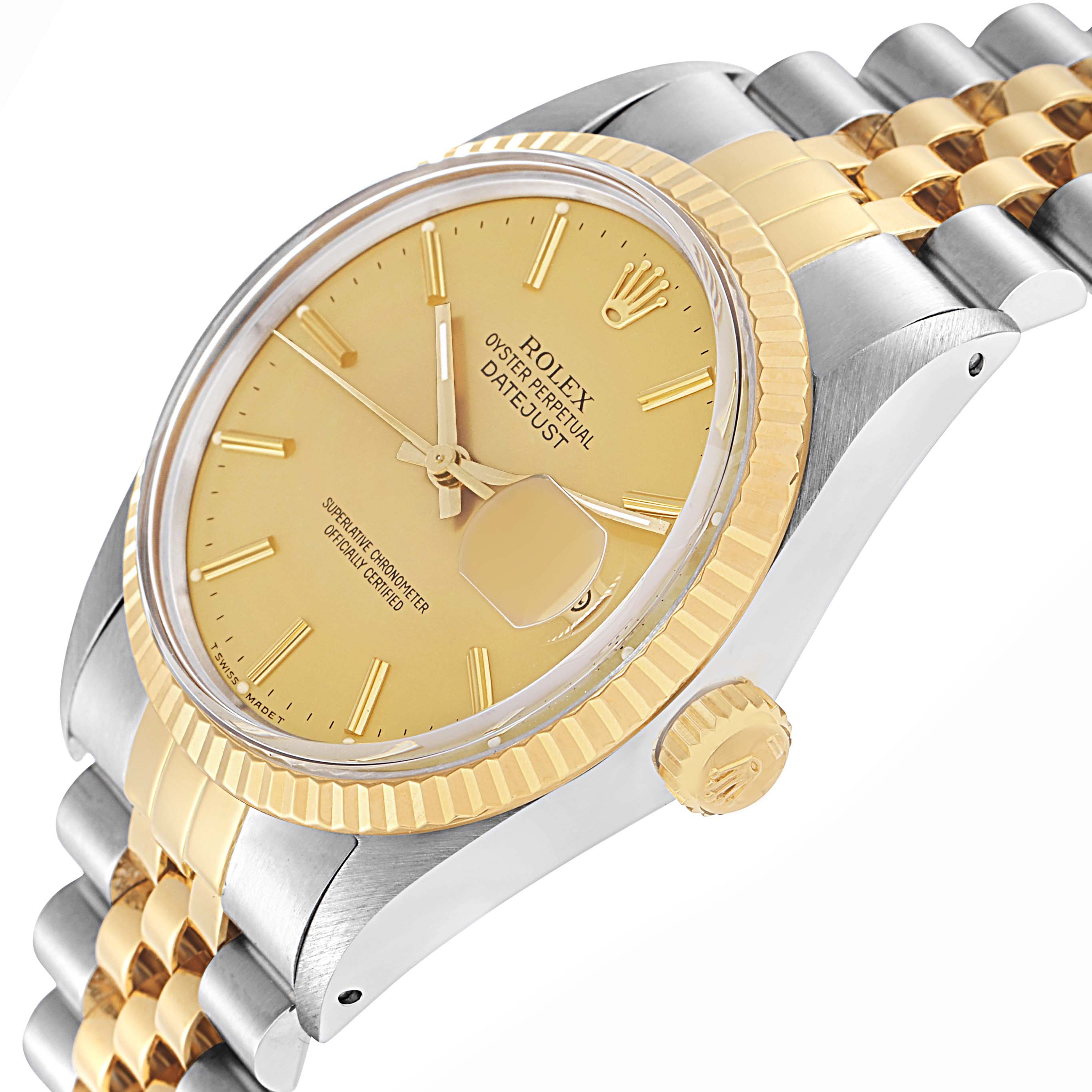 The Rolex Vintage Collection model 16013 is shown at an angled side view, displaying the dial, bezel, crown, and part of the jubilee bracelet.