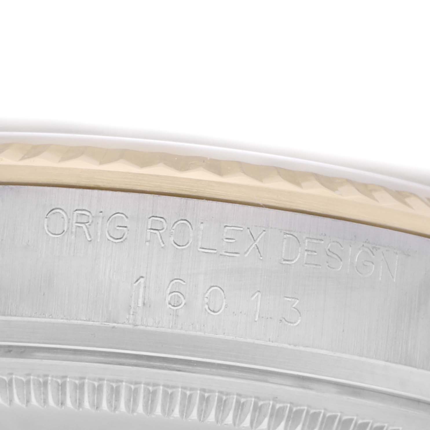 The image shows a close-up of the side engraving on a Rolex Vintage Collection watch, model 16013, highlighting the "Orig Rolex Design" text and model number.