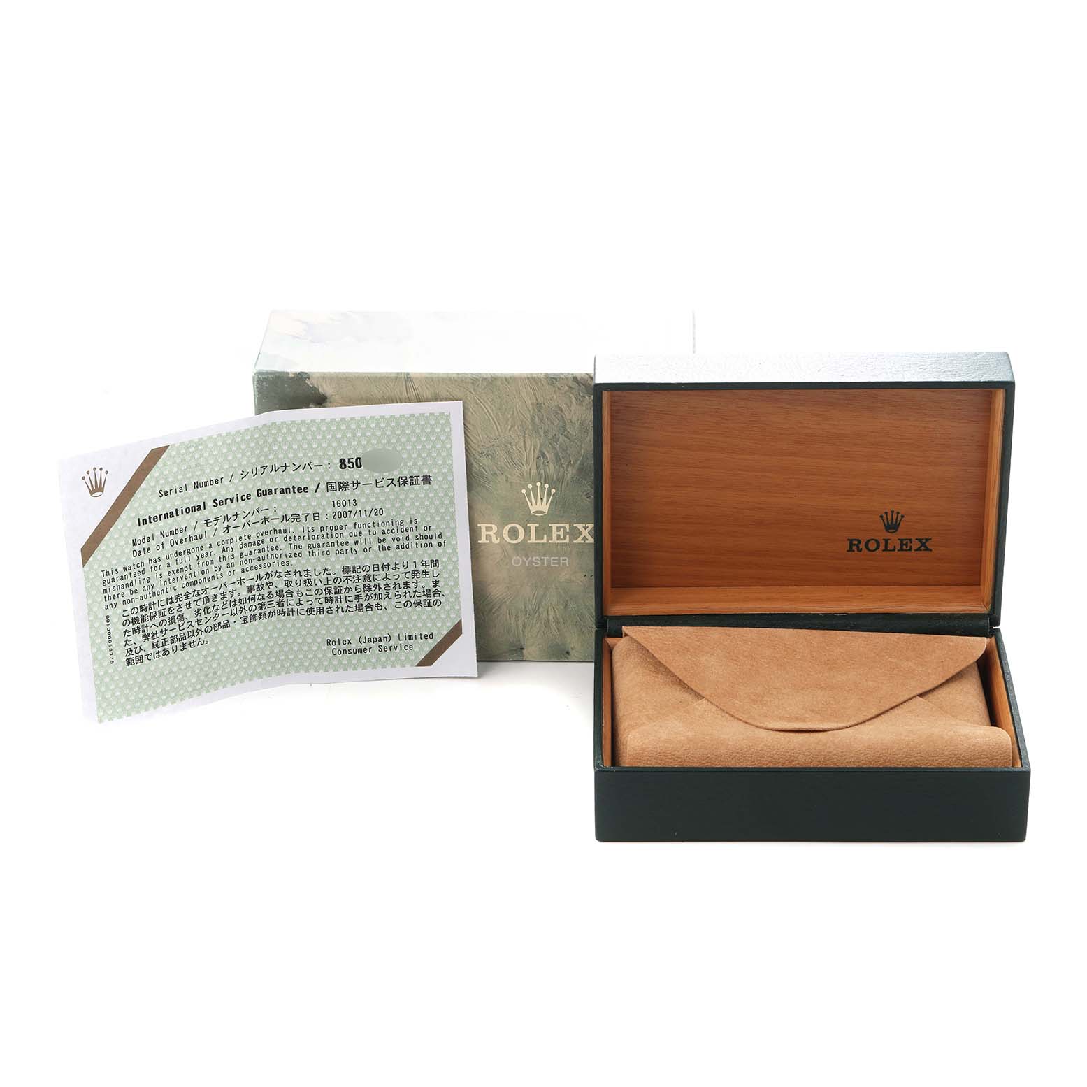 The image shows a Rolex Vintage Collection model 16013 presentation with an open watch box, outer packaging, and an international service guarantee document.