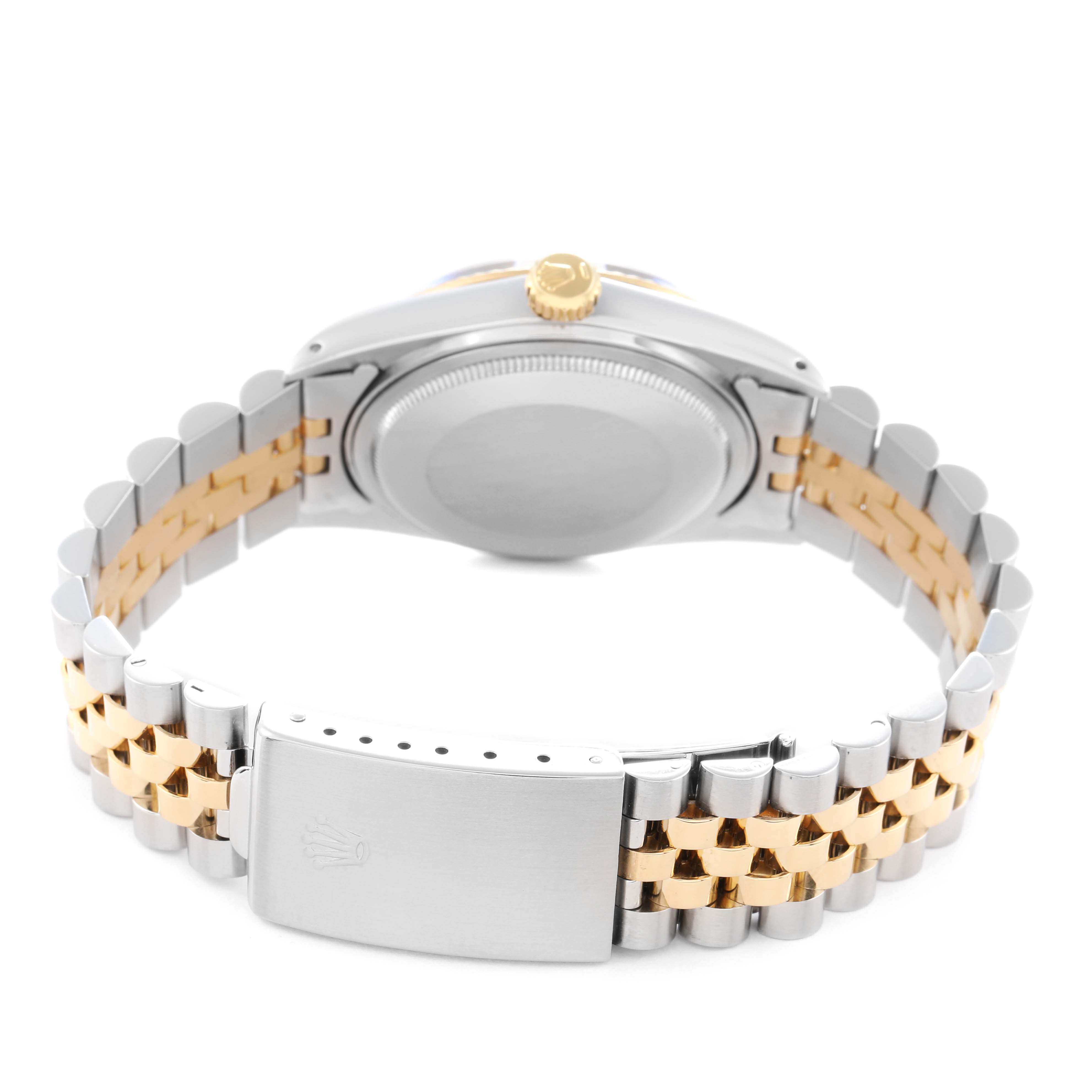 The image shows the back of the Rolex Vintage Collection model 16013 men's watch, highlighting the two-tone bracelet and clasp from a rear angle.