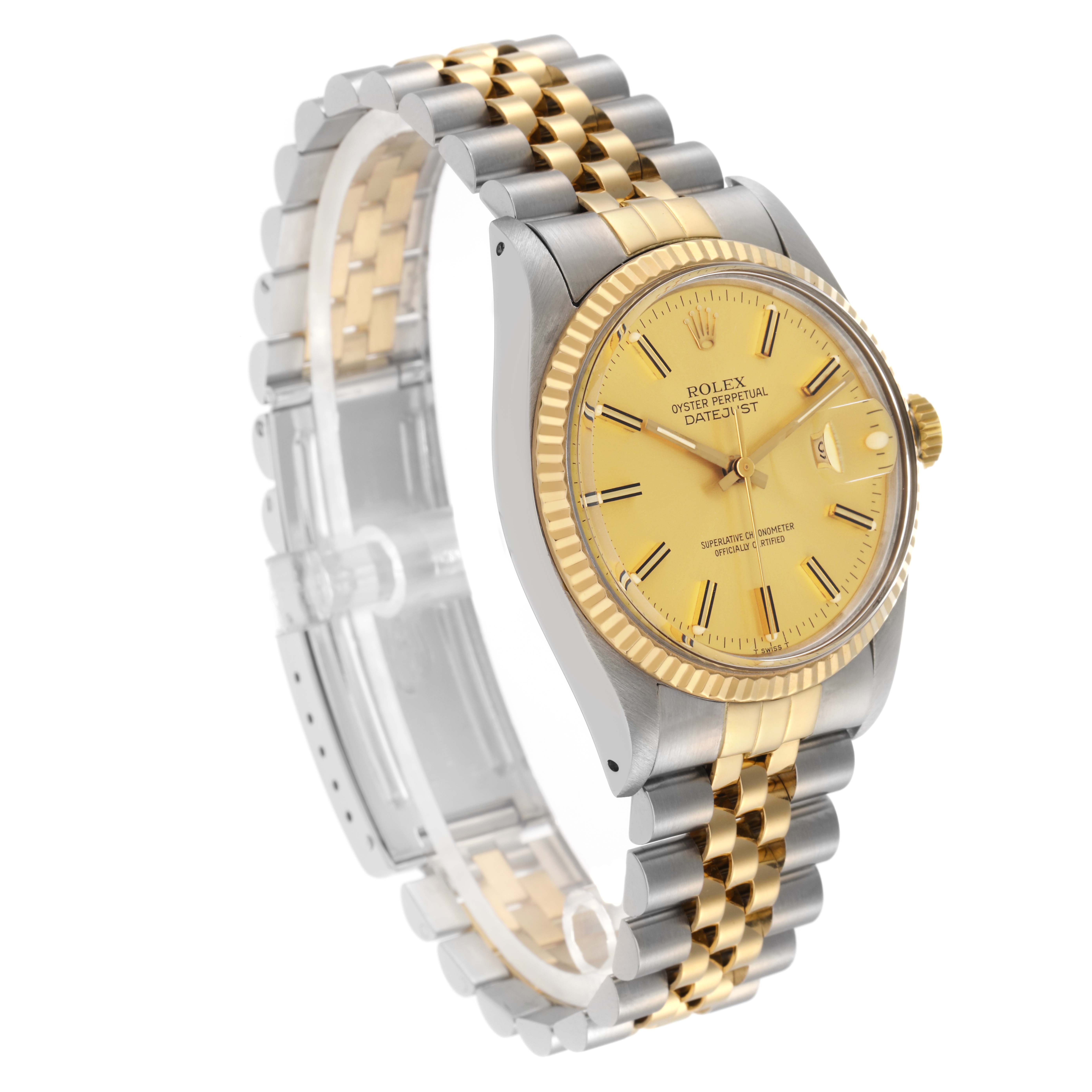 The Rolex Vintage Collection model 16013 watch is shown at a tilted angle, revealing the gold and silver Jubilee bracelet, fluted bezel, and champagne dial.