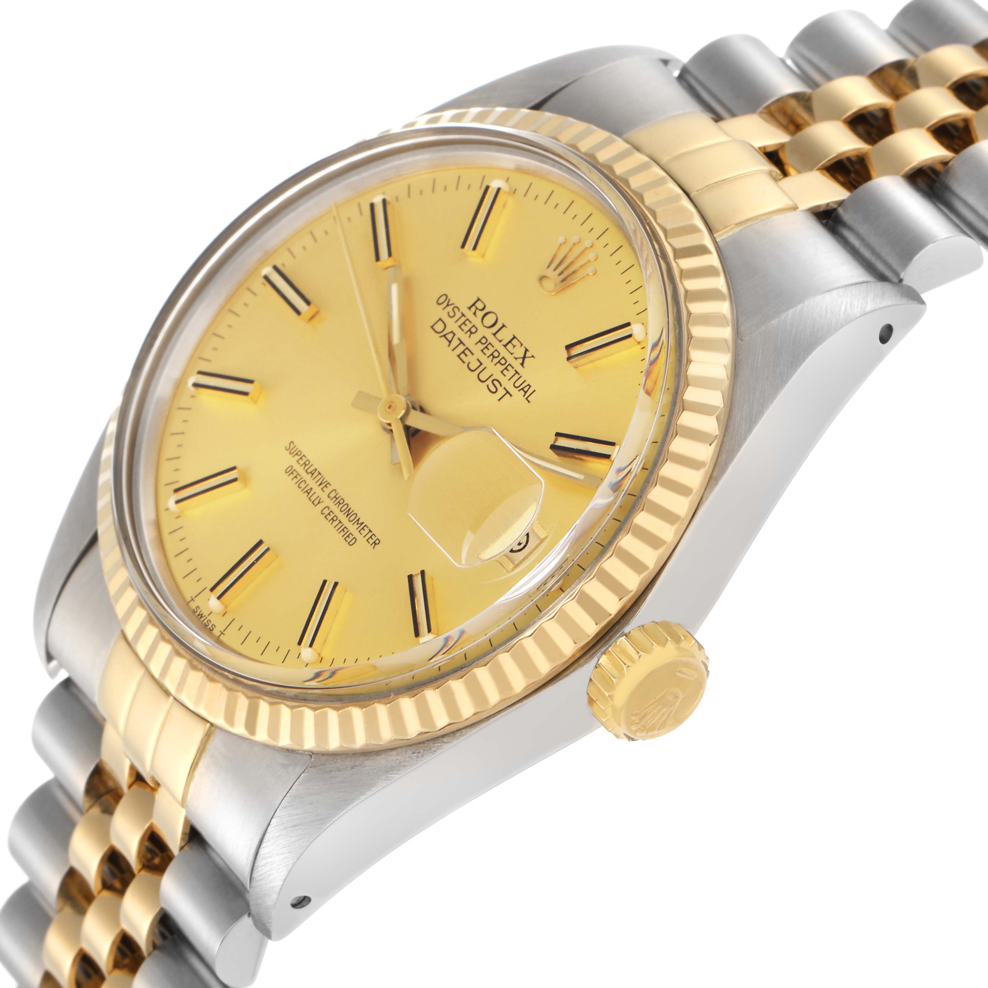 The Rolex Vintage Collection model 16013 watch is shown at an angled side view, highlighting the gold and silver bezel, yellow dial, and part of the bracelet and crown.