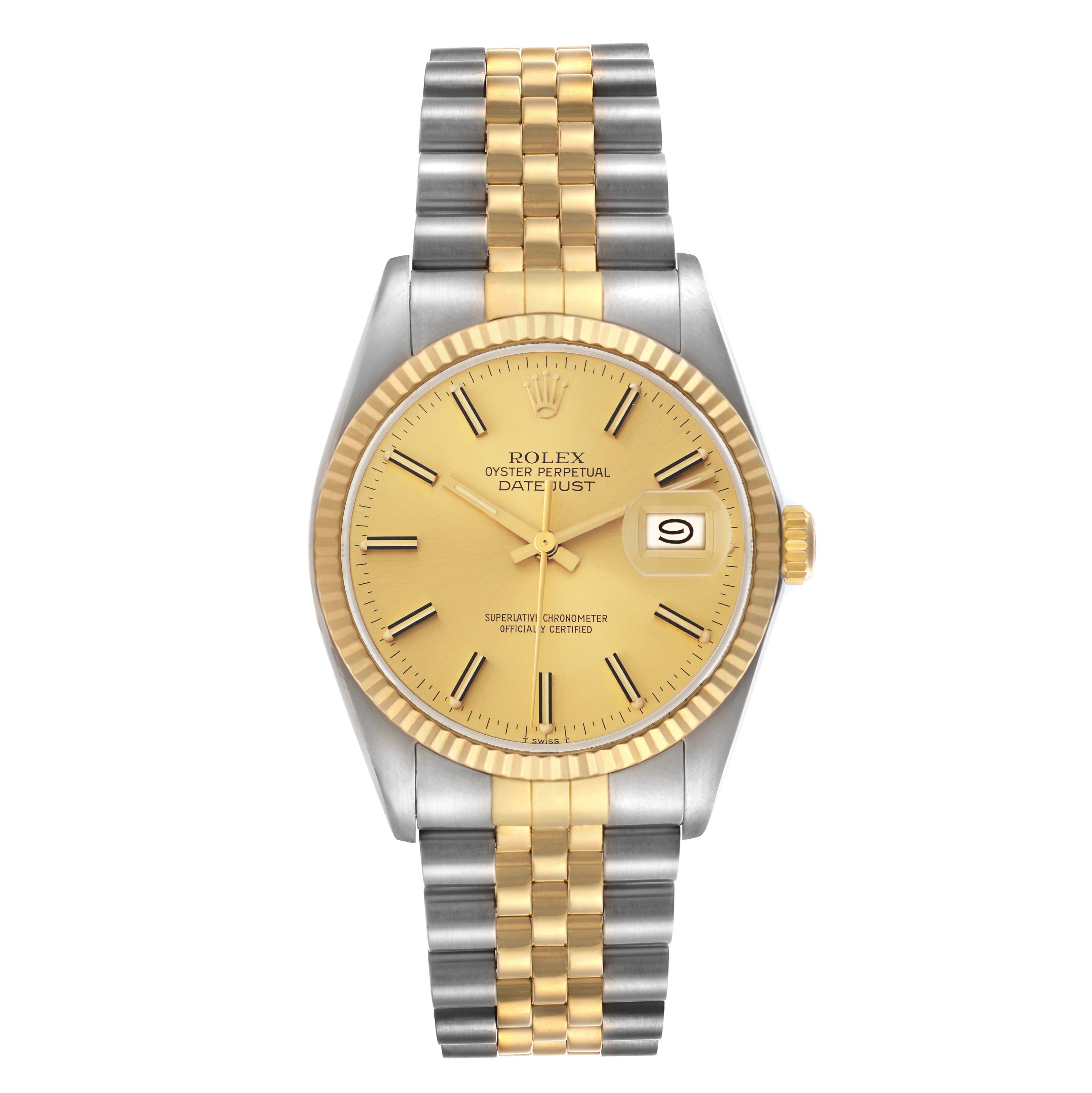 The image shows a frontal view of the Rolex Vintage Collection Datejust model 16013 men's watch, displaying its gold dial, date window, and two-tone bracelet.