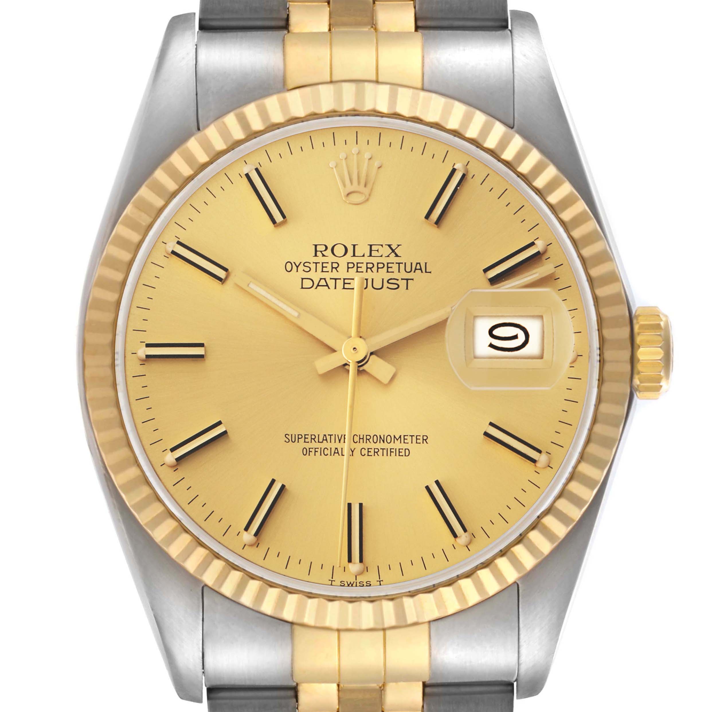 The image shows a close-up of the Rolex Vintage Collection Men's watch, model 16013, focusing on the face, bezel, crown, and part of the bracelet.