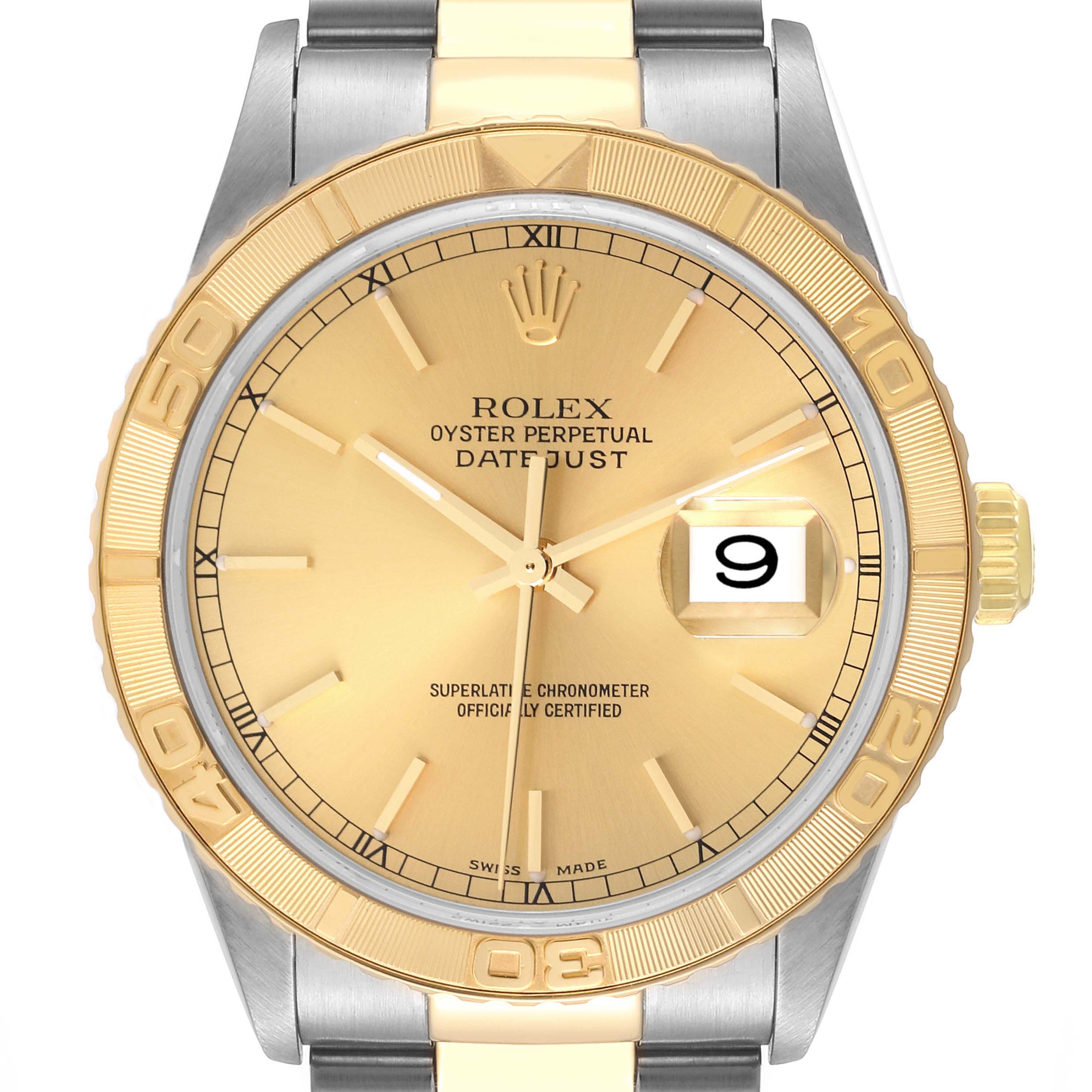 The image shows a front view of a Rolex Turn-o-Graph 16263 Men
s Steel and Gold (two tone) Champagne Dial 16263 Men
s Steel and Gold (two tone) Champagne Dial watch displaying the face, bezel, and part of the bracelet.