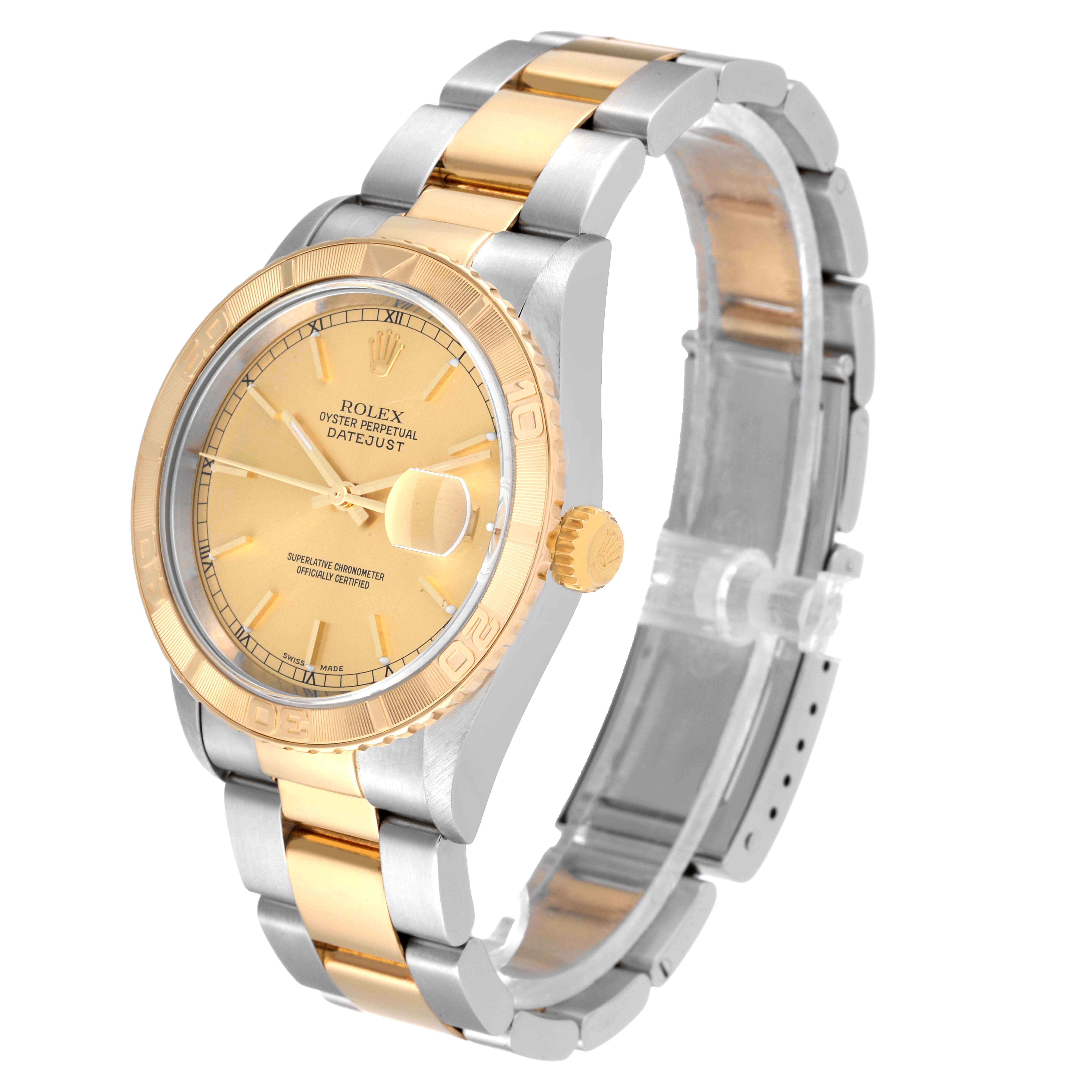 The image shows a Rolex Turn-o-Graph 16263 Men
s Steel and Gold (two tone) Champagne Dial 16263 Men
s Steel and Gold (two tone) Champagne Dial model from a tilted side angle, displaying its face, bezel, crown, and two-tone bracelet.
