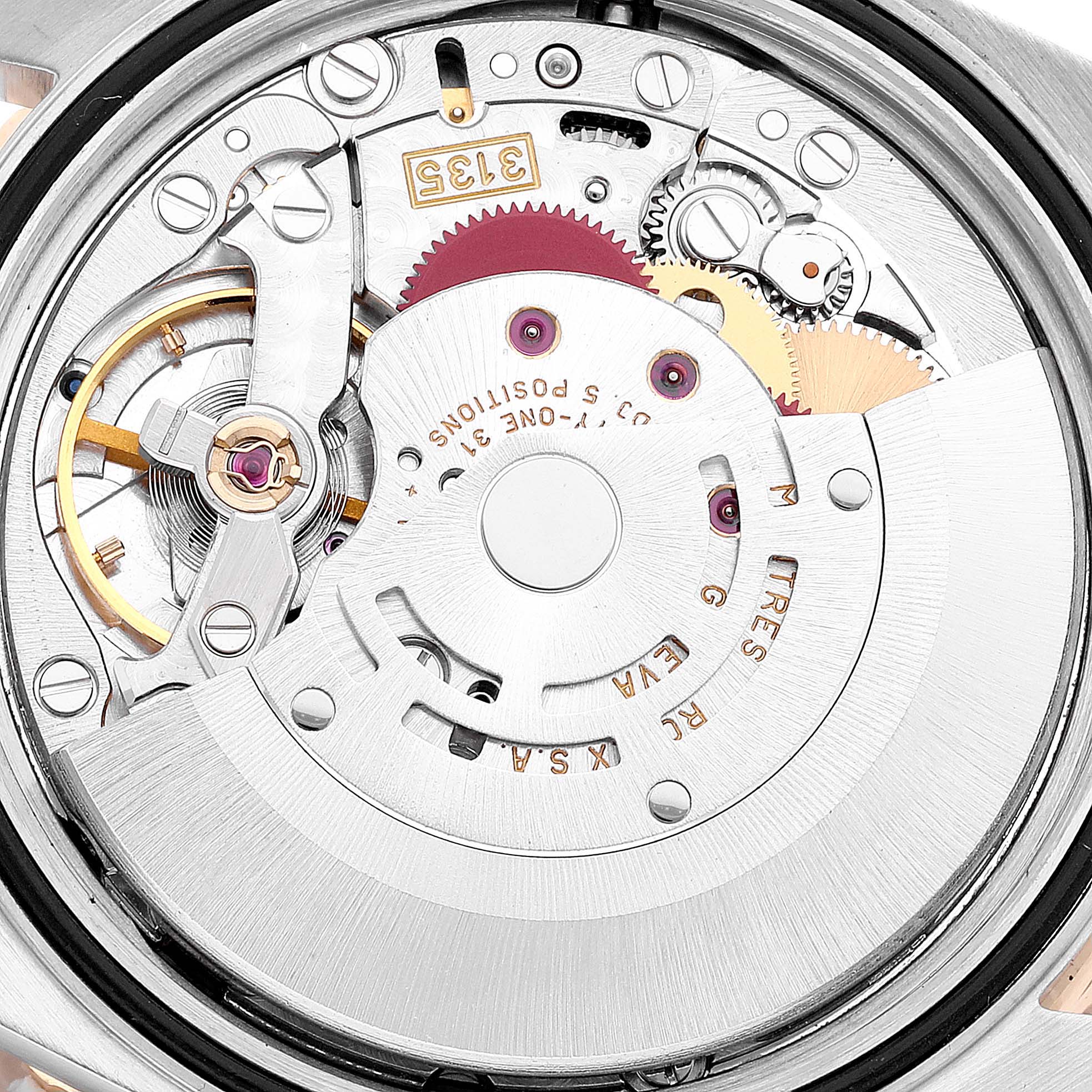 This image shows a close-up of the Rolex Turn-o-Graph 16263 Men
s Steel and Gold (two tone) Champagne Dial 16263 Men
s Steel and Gold (two tone) Champagne Dial
s movement from the back, displaying its intricate internal components.