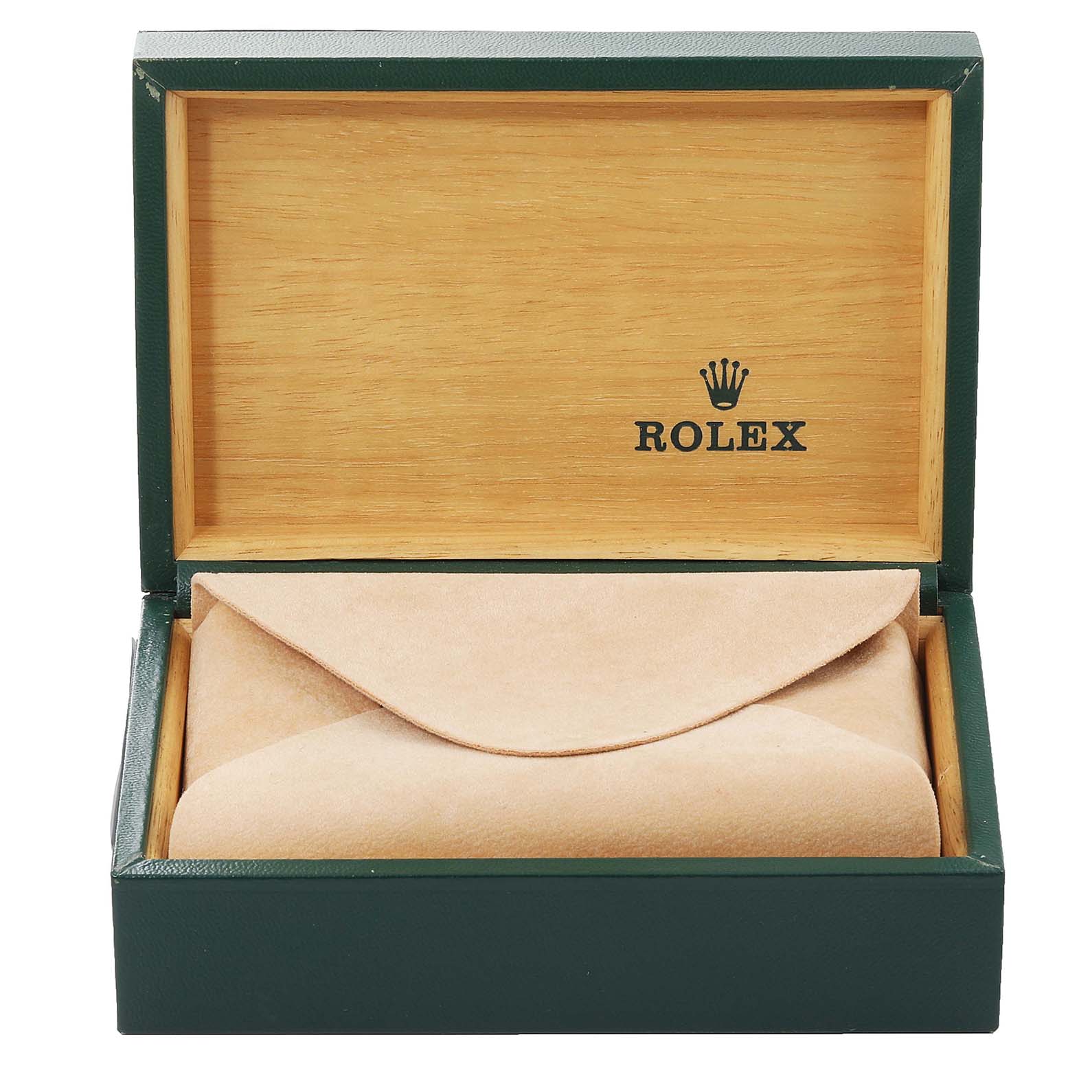 The image shows an open Rolex Turn-o-Graph 16263 Men
s Steel and Gold (two tone) Champagne Dial 16263 Men
s Steel and Gold (two tone) Champagne Dial watch box with a beige pouch inside.