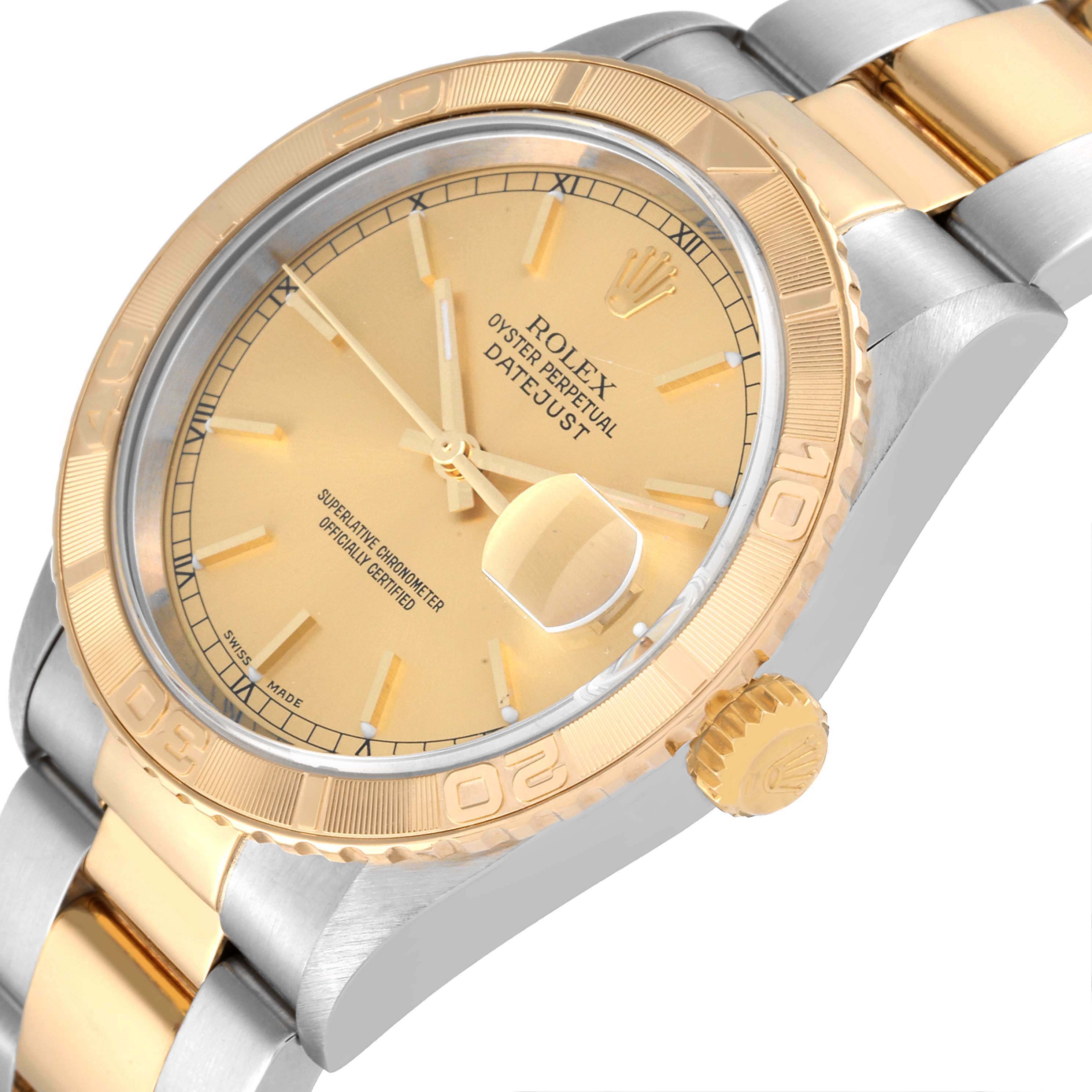 This image shows a close-up, angled view of the Rolex Turn-o-Graph 16263 Men
s Steel and Gold (two tone) Champagne Dial 16263 Men
s Steel and Gold (two tone) Champagne Dial watch, highlighting the bezel, crown, dial, and bracelet.
