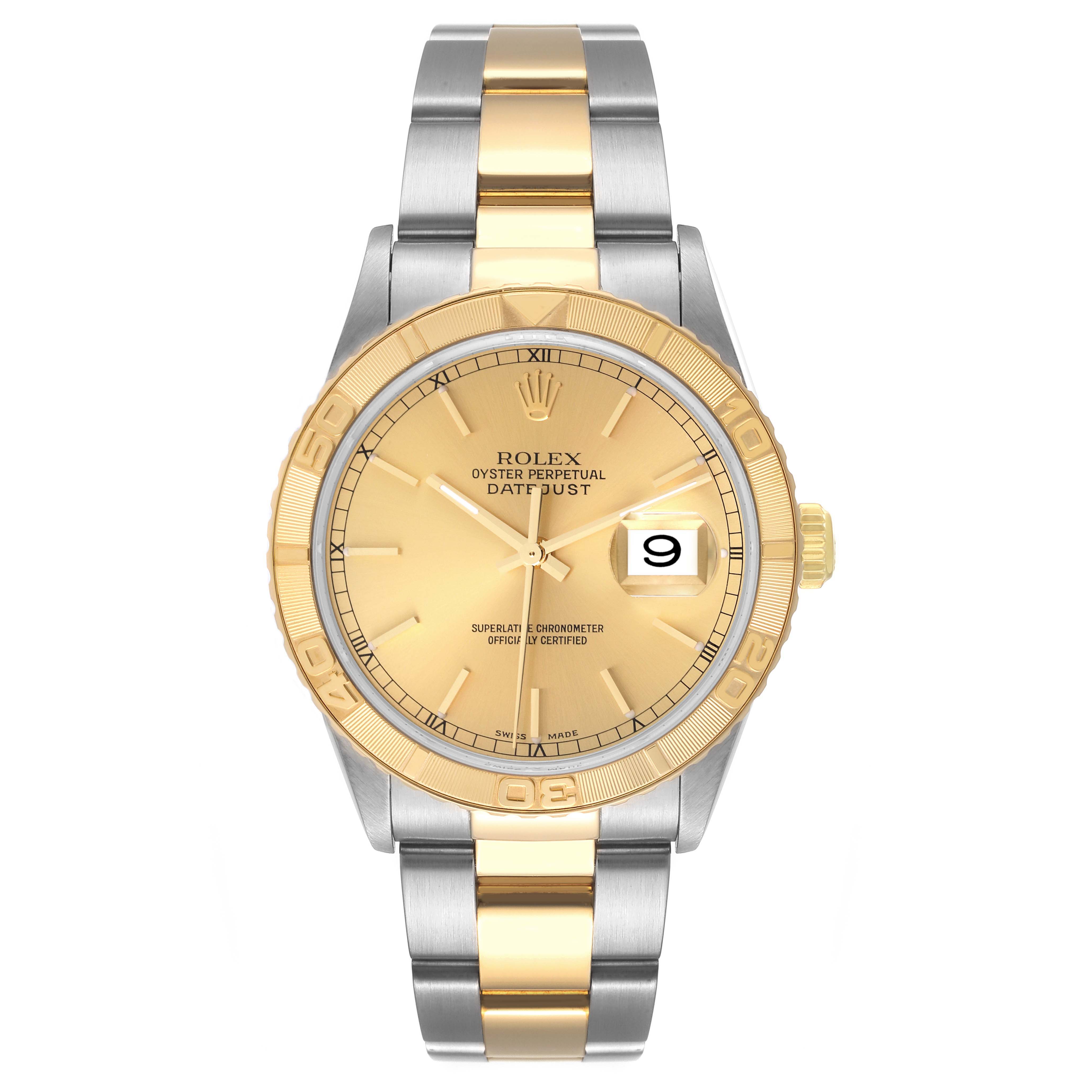 The image shows a front view of a Rolex Turn-o-Graph 16263 Men
s Steel and Gold (two tone) Champagne Dial 16263 Men
s Steel and Gold (two tone) Champagne Dial watch, highlighting its gold and silver two-tone bracelet and dial with a date display.