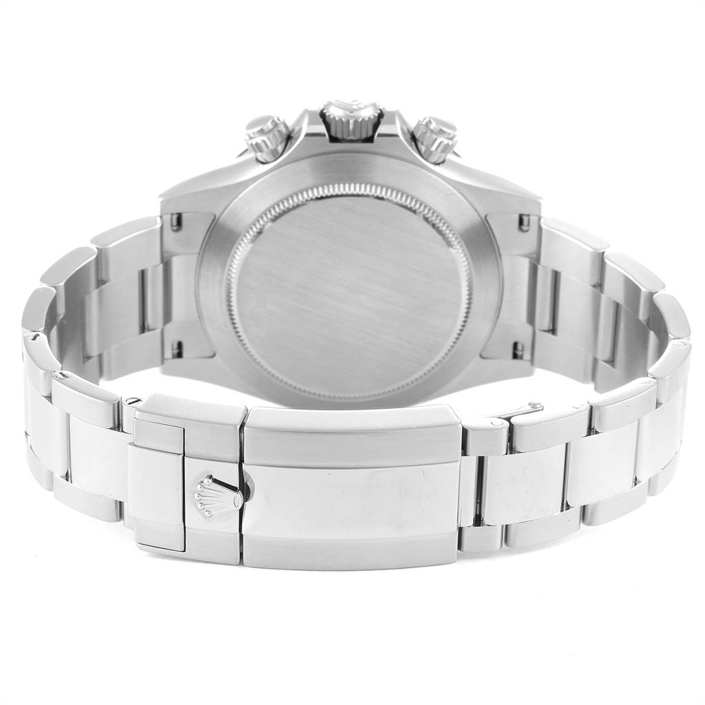 This image shows the back case and clasp of a Rolex Daytona 116500 Men's Stainless Steel White Dial 116500 Men's Stainless Steel White Dial watch, viewed from the rear angle.