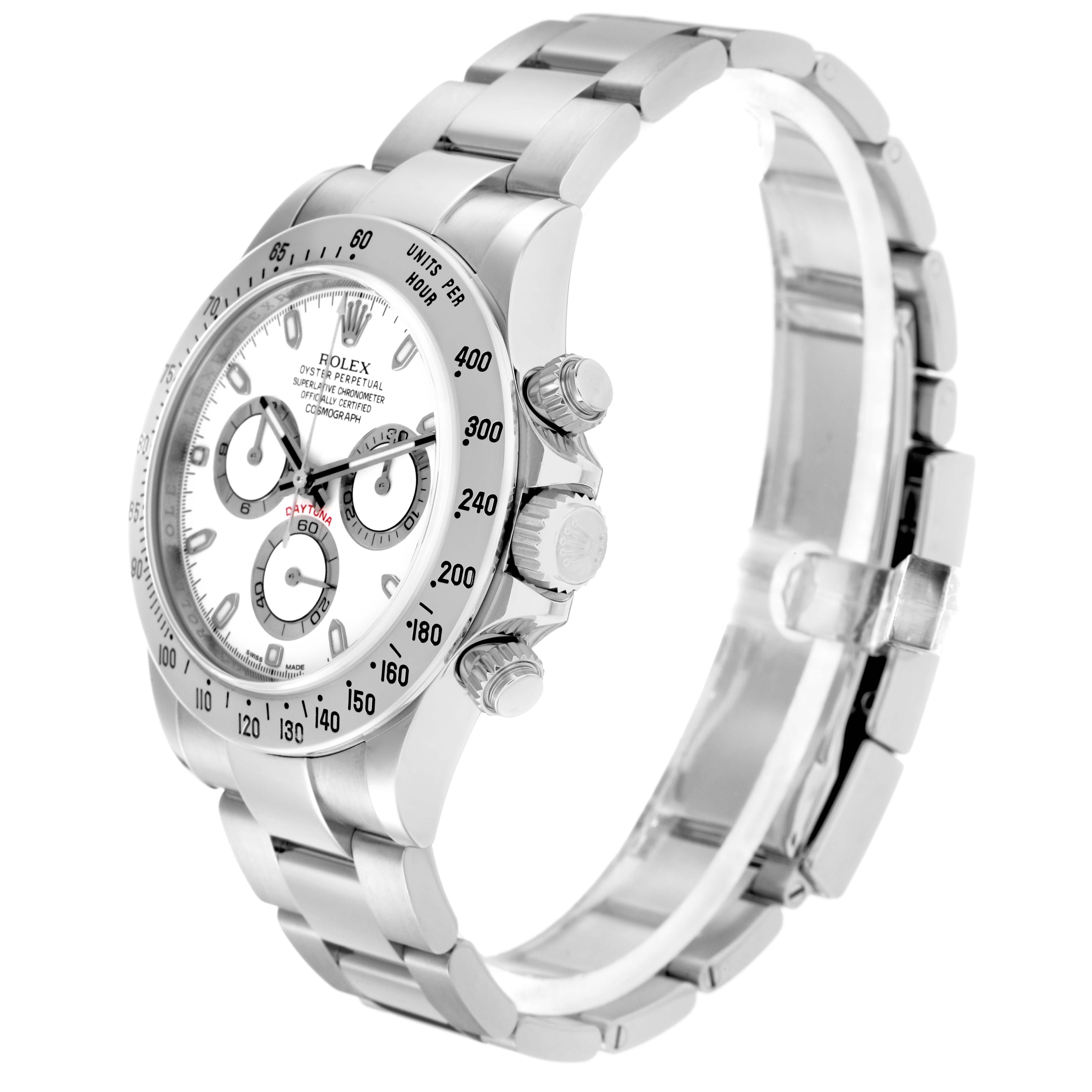 The Rolex Daytona model 116520 watch is shown at a three-quarter angle, displaying the dial, bezel, side pushers, and bracelet links.