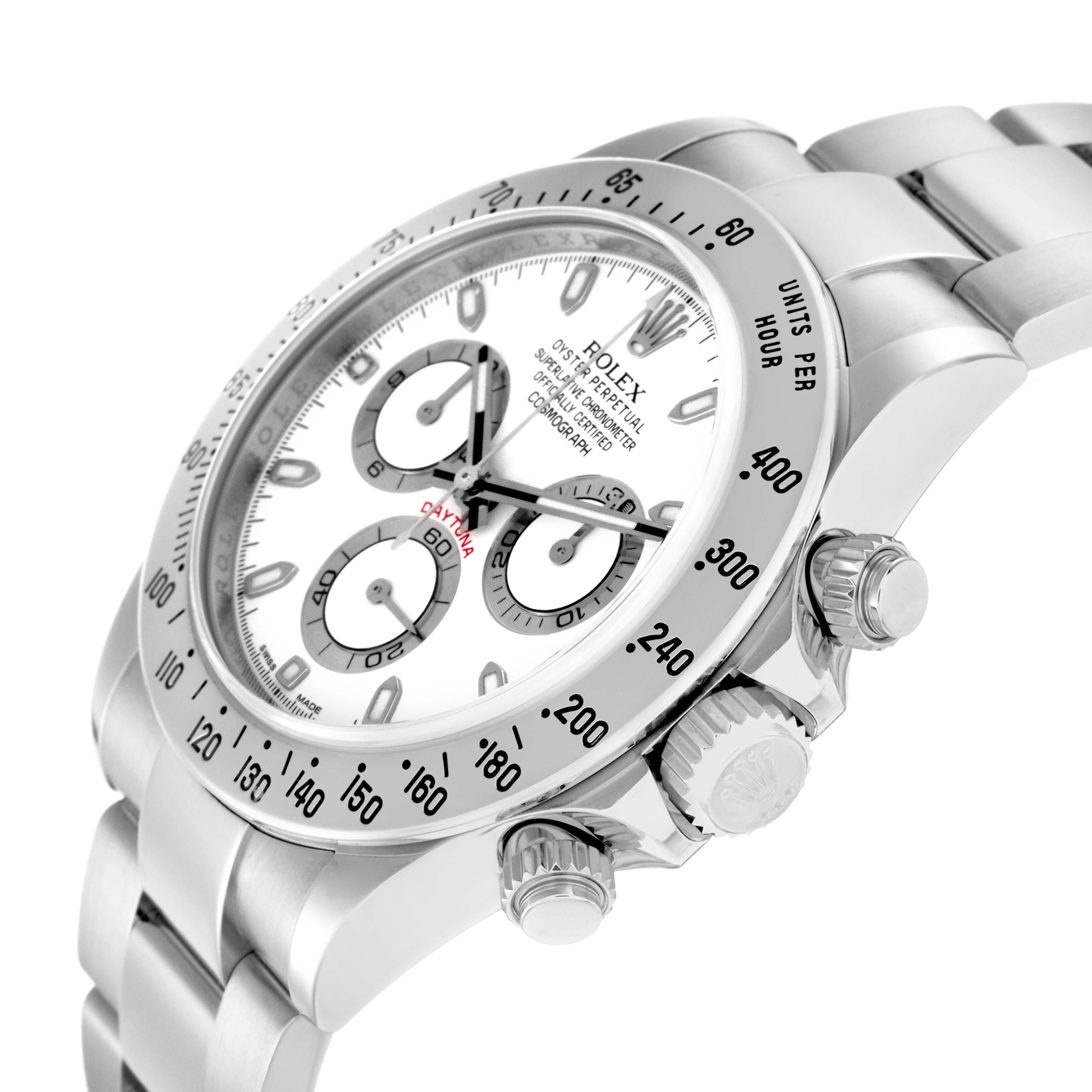The Rolex Daytona model 116520 men's watch is captured at a side angle, highlighting the bezel, dial, and crown.