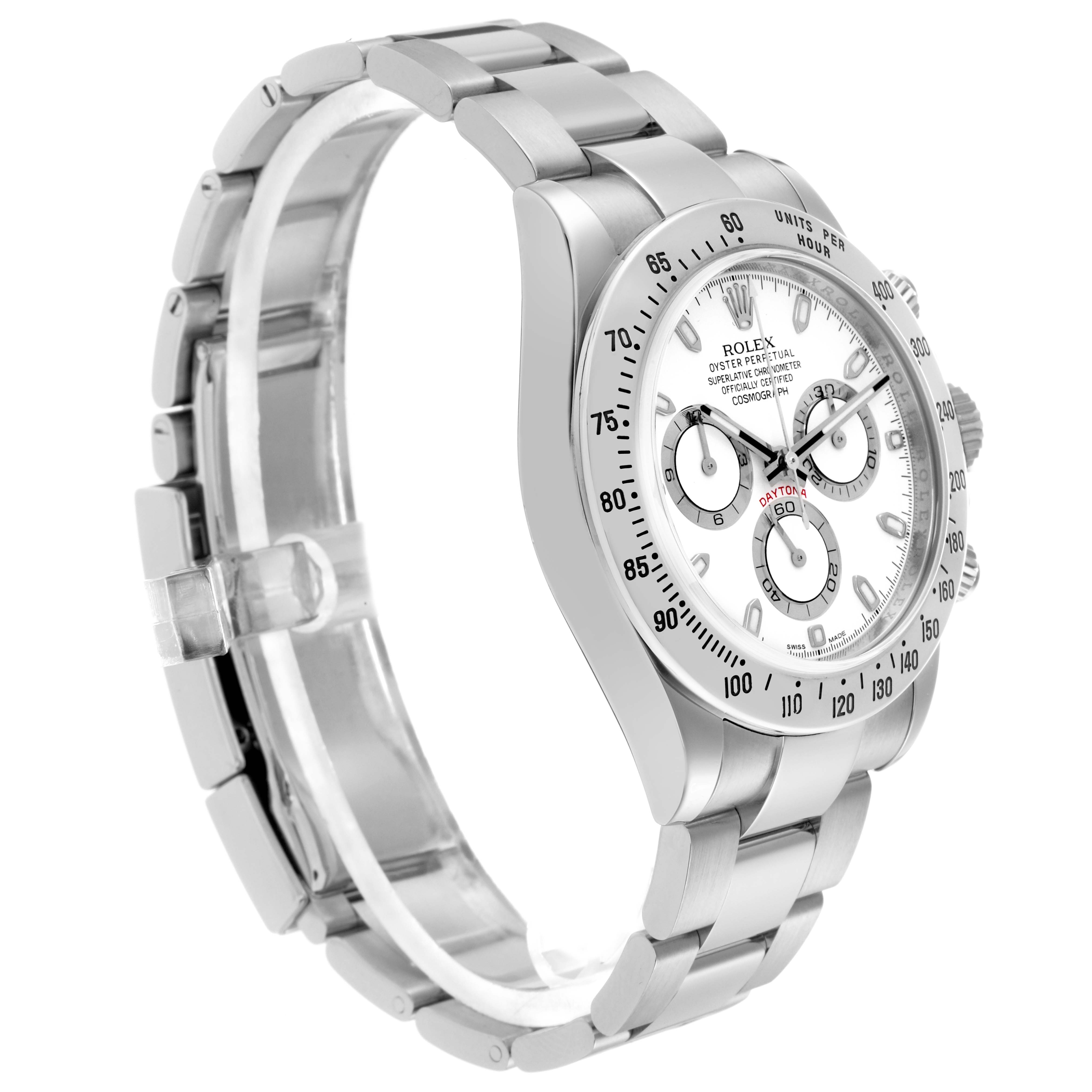 The image shows a side view of a Rolex Daytona model 116520 men's watch, highlighting its bracelet, bezel, and face with subdials.