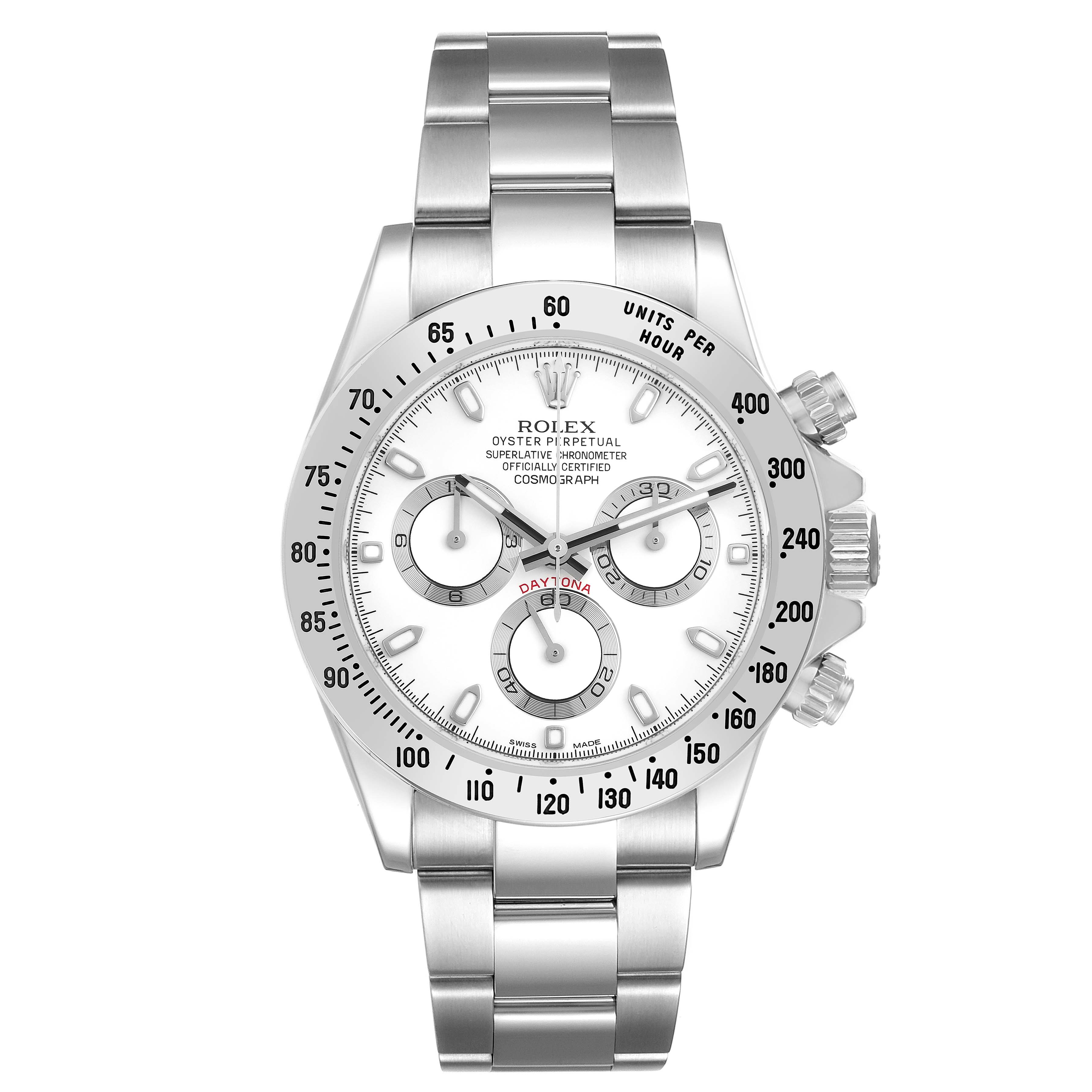 The Rolex Daytona model 116520 men's watch is shown from the front, displaying the dial, bezel, pushers, and part of the bracelet.
