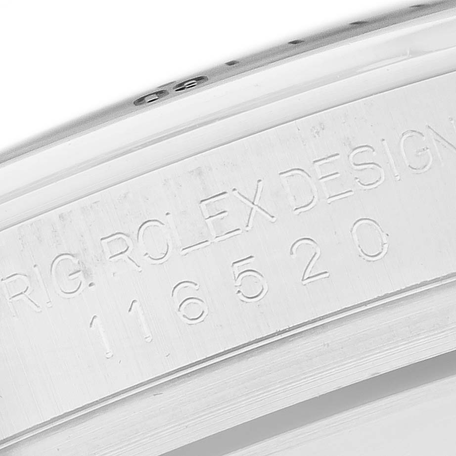 The image shows a close-up of the engraving on the side of the Rolex Daytona, model number 116520, highlighting its design details.