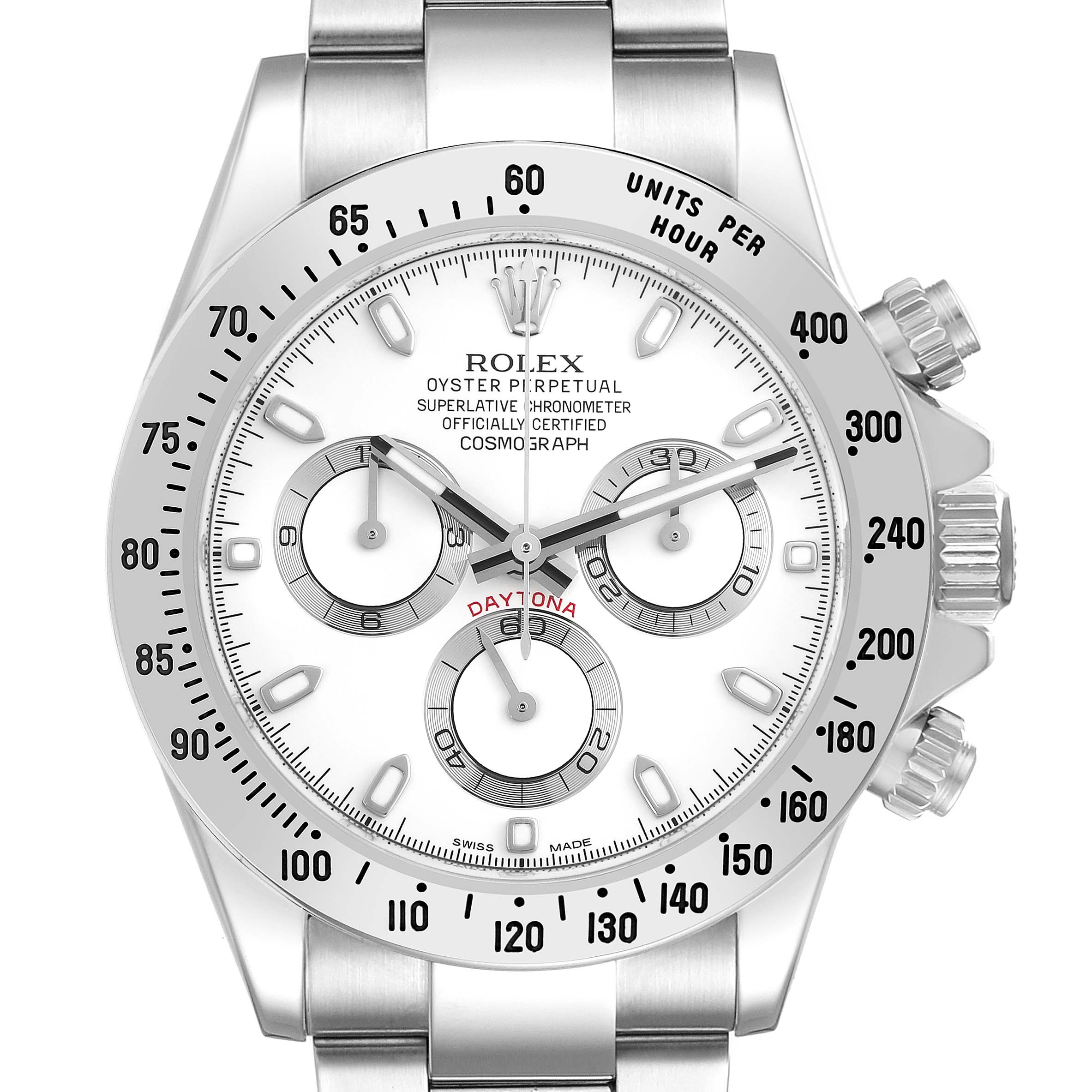 The image shows a front view of the Rolex Daytona model 116520 men's watch, highlighting the dial, bezel, subdials, and crown.
