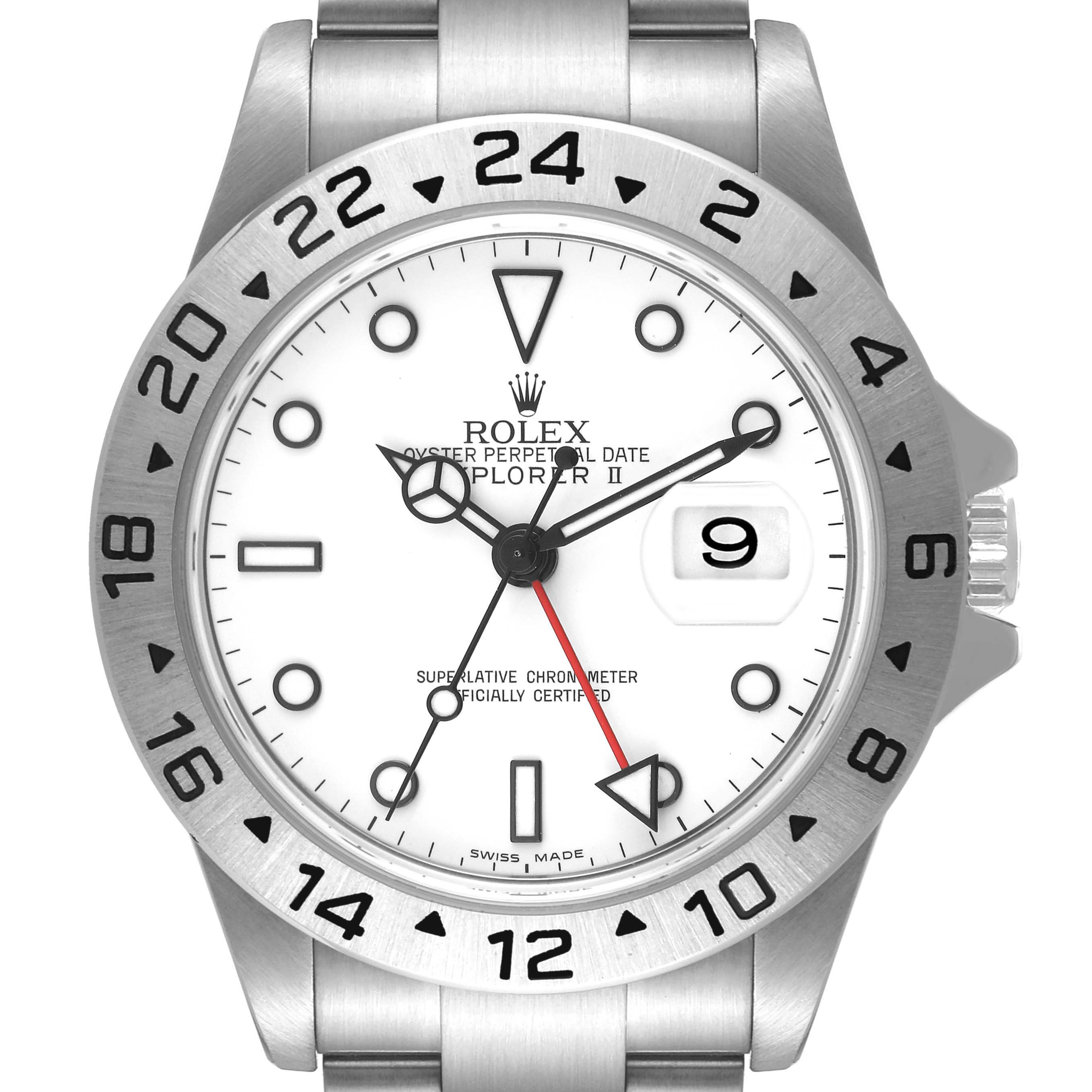 The Rolex Explorer 16570 Men's Stainless Steel White Dial 16570 Men's Stainless Steel White Dial watch is shown from a top-down angle, highlighting its dial, bezel, crown, and part of the bracelet.