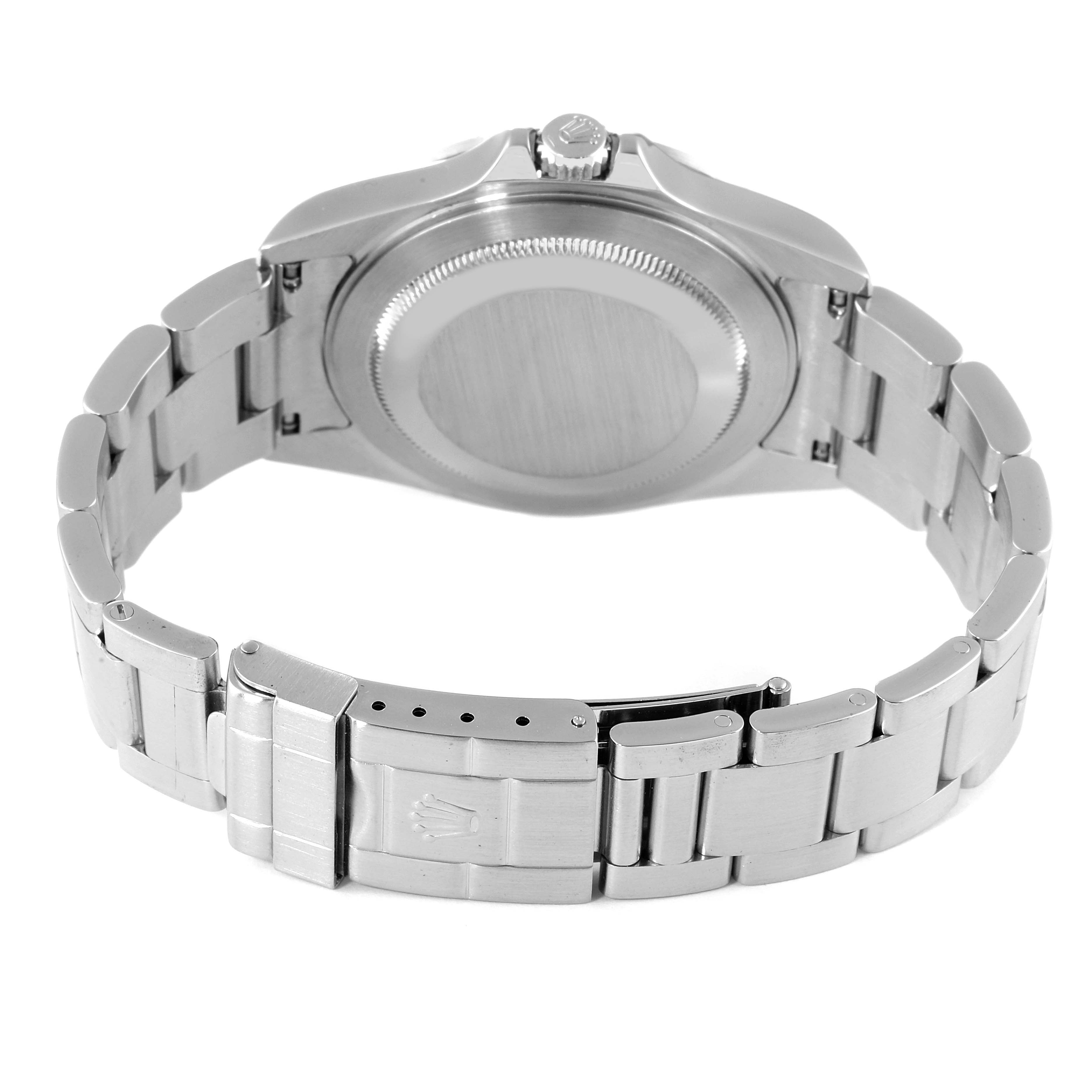 The image shows the back of a Rolex Explorer 16570 Men's Stainless Steel White Dial 16570 Men's Stainless Steel White Dial watch, including the case back, crown, and stainless steel bracelet with clasp.