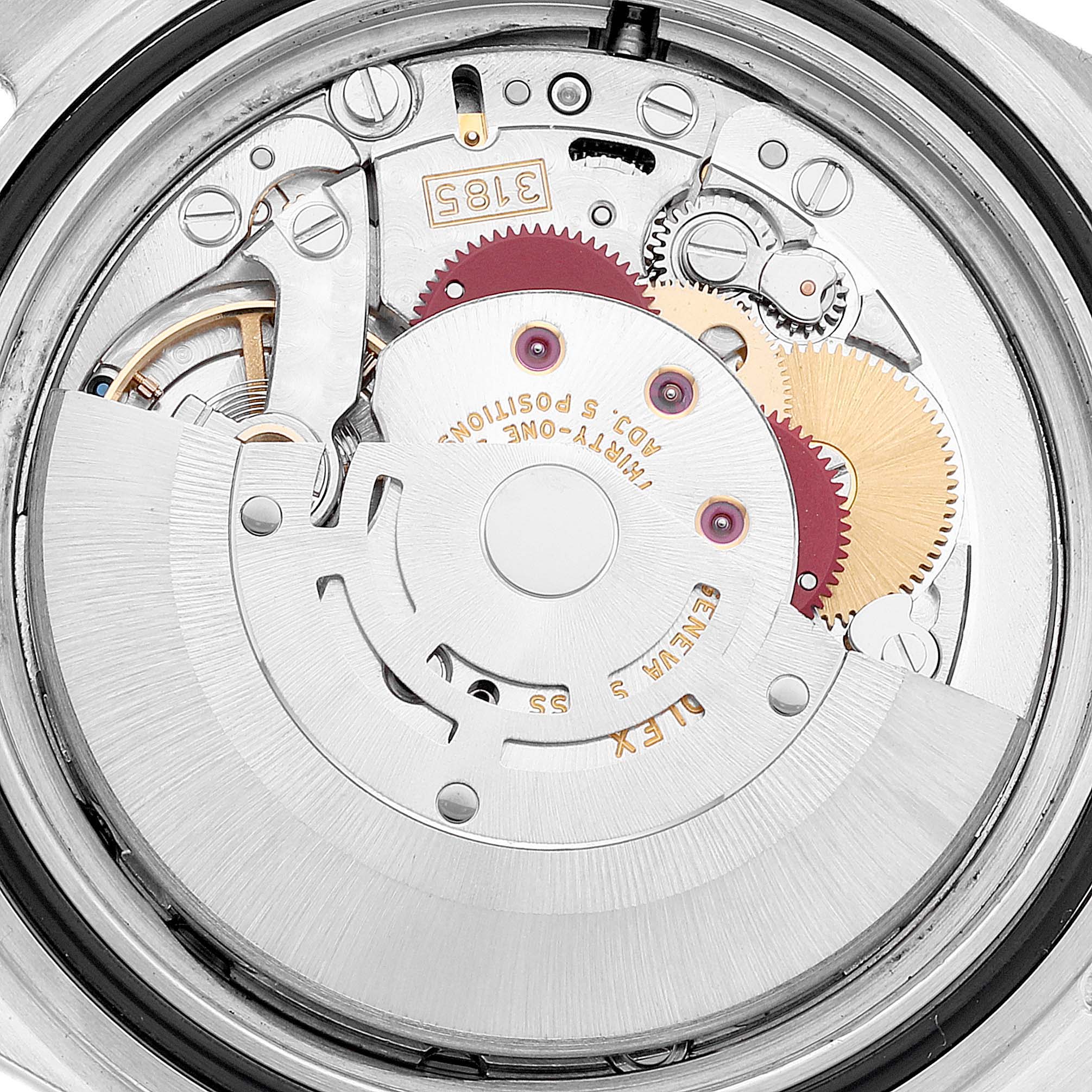 This image shows the internal mechanism of a Rolex Explorer 16570 Men's Stainless Steel White Dial 16570 Men's Stainless Steel White Dial watch viewed from the back.