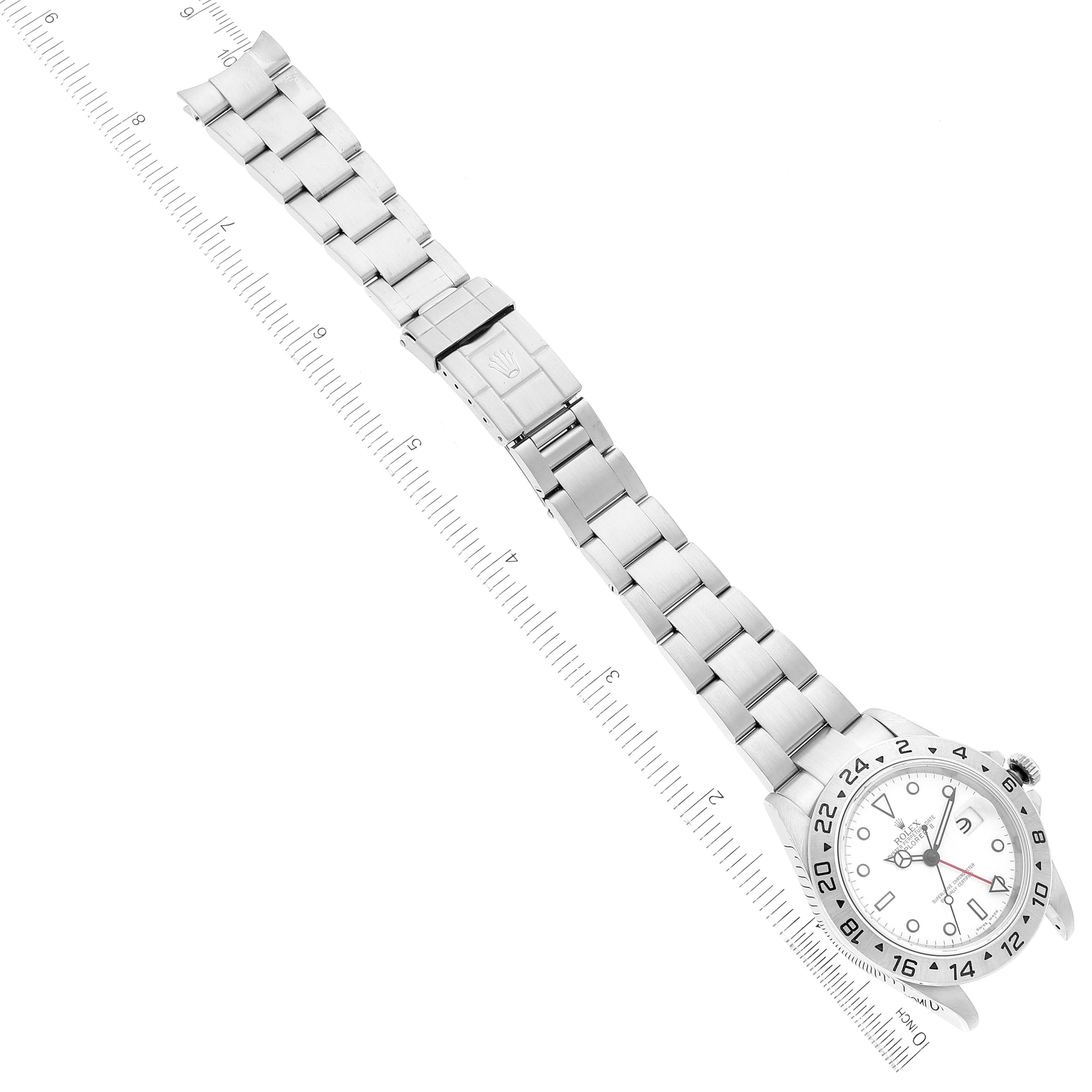 The Rolex Explorer 16570 Men's Stainless Steel White Dial 16570 Men's Stainless Steel White Dial watch is shown from a top-down perspective, displaying the watch face, bezel, and metal bracelet.