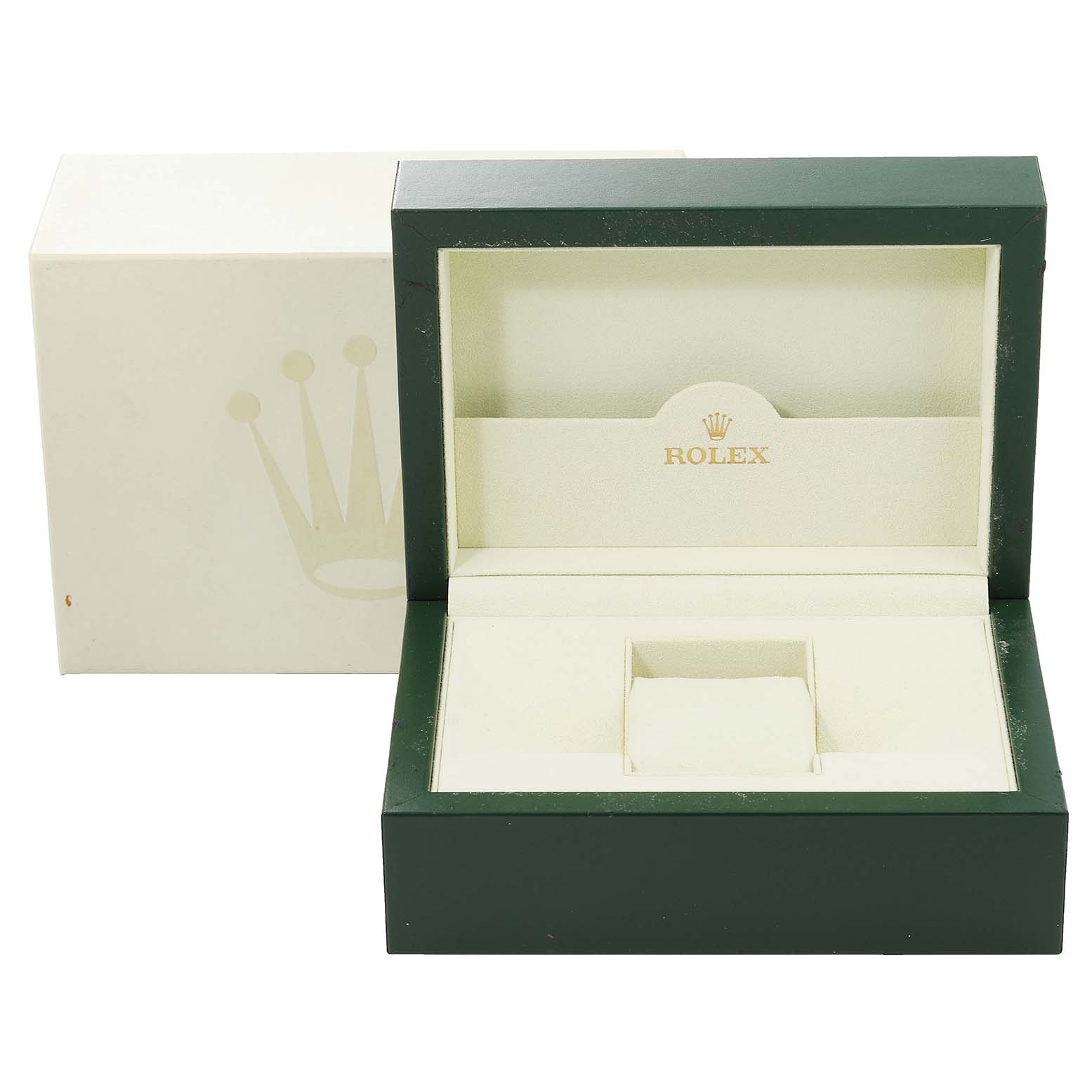 This image shows an open Rolex Explorer 16570 Men's Stainless Steel White Dial 16570 Men's Stainless Steel White Dial watch box and its outer packaging from a front angle.