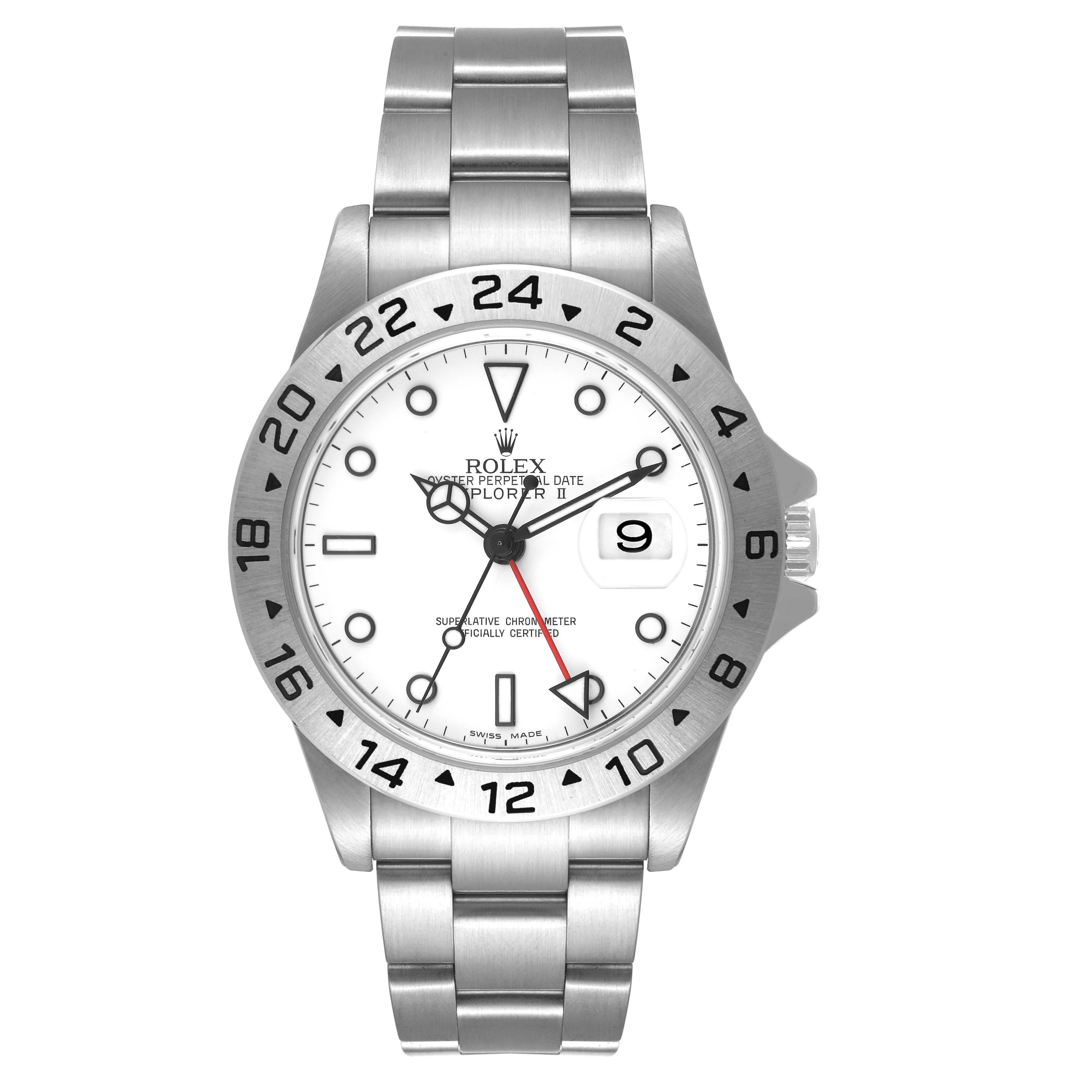 The image shows a front view of a Rolex Explorer 16570 Men's Stainless Steel White Dial 16570 Men's Stainless Steel White Dial watch, highlighting its dial, bezel, bracelet, and date feature.