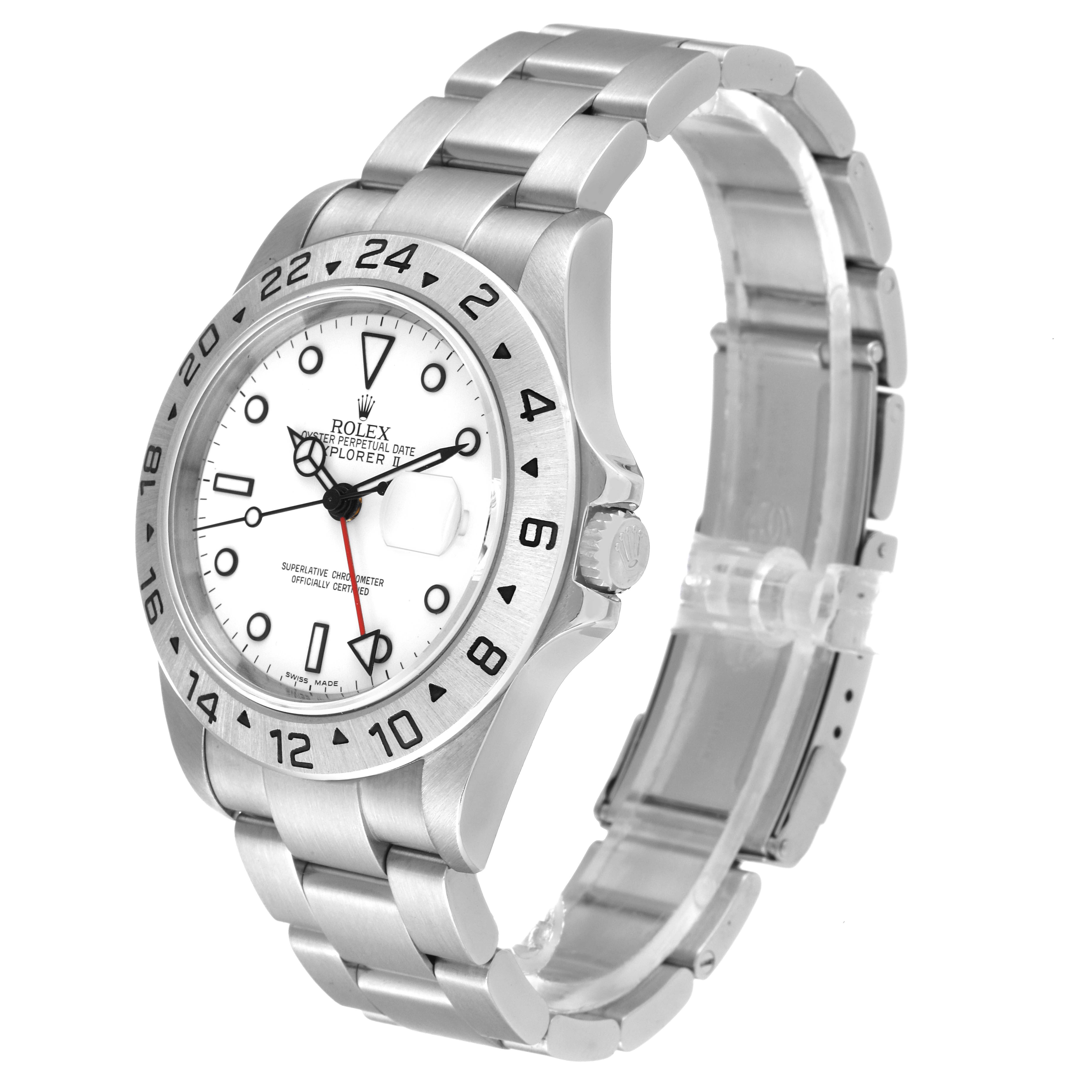The Rolex Explorer 16570 Men's Stainless Steel White Dial 16570 Men's Stainless Steel White Dial watch is shown at a three-quarter angle, highlighting the face, bezel, crown, and bracelet.