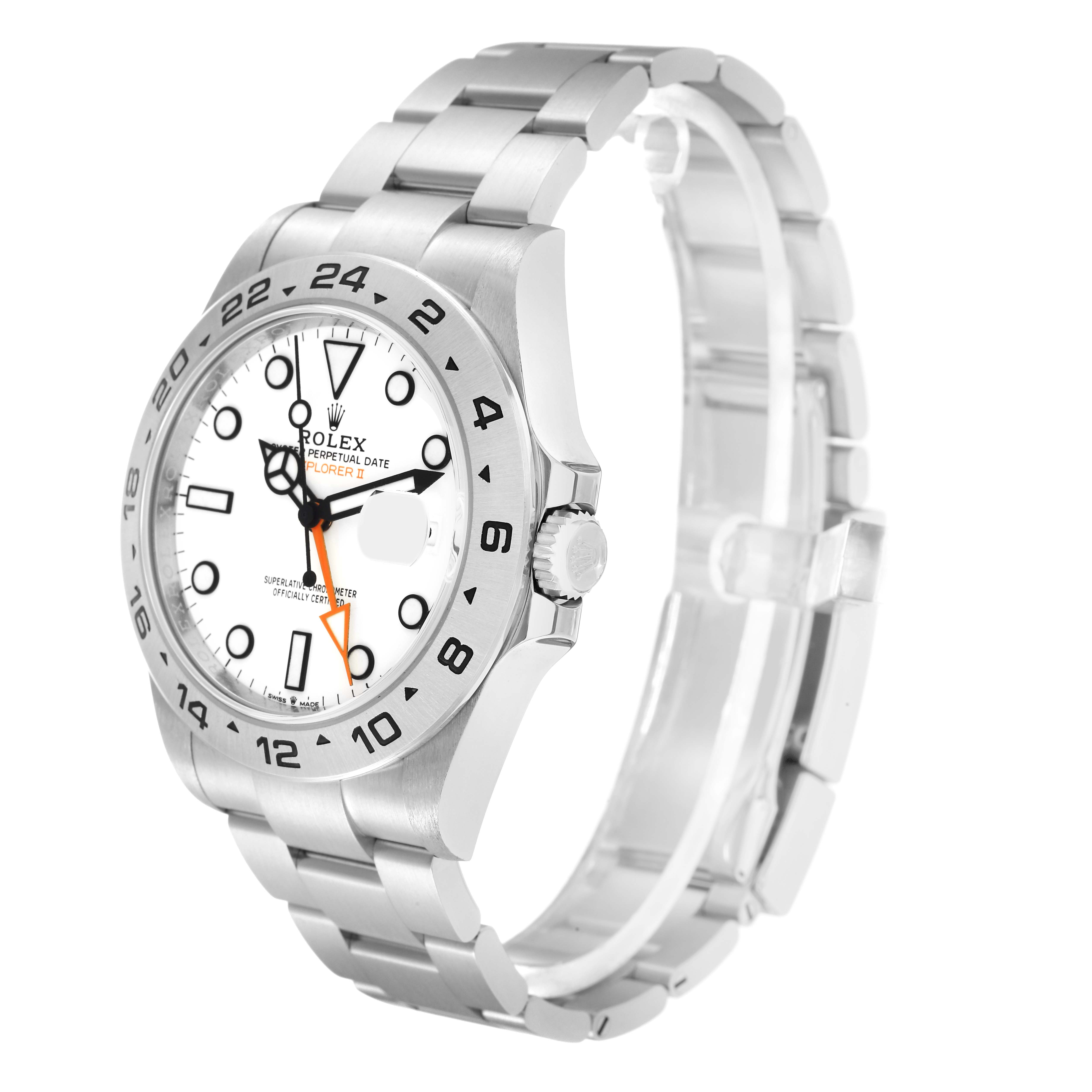 The Rolex Explorer model 226570 watch is shown at a three-quarter angle, displaying the dial, bezel, crown, and part of the bracelet.