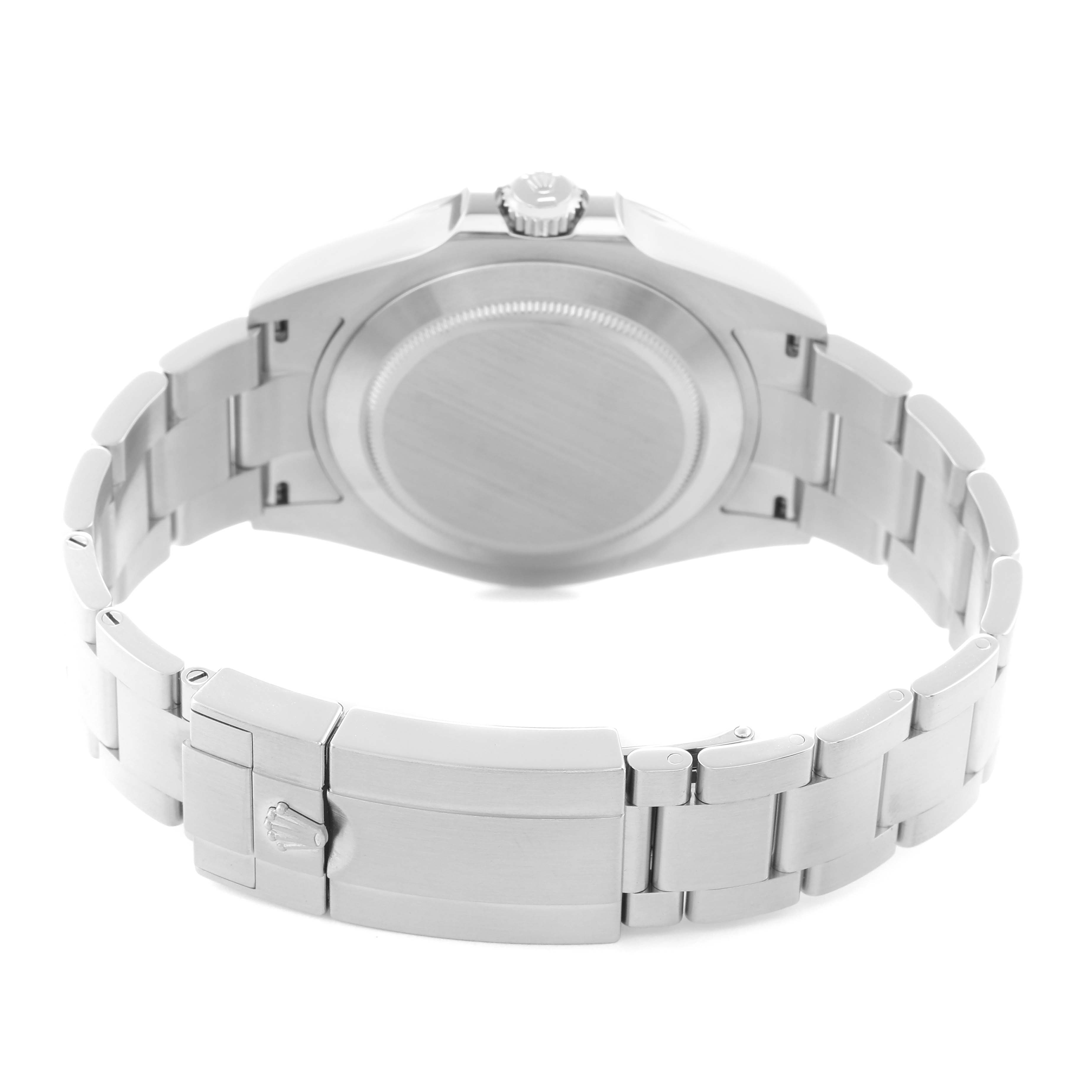 The image shows the back view of a Rolex Explorer model 226570, highlighting the bracelet, clasp, and case back.