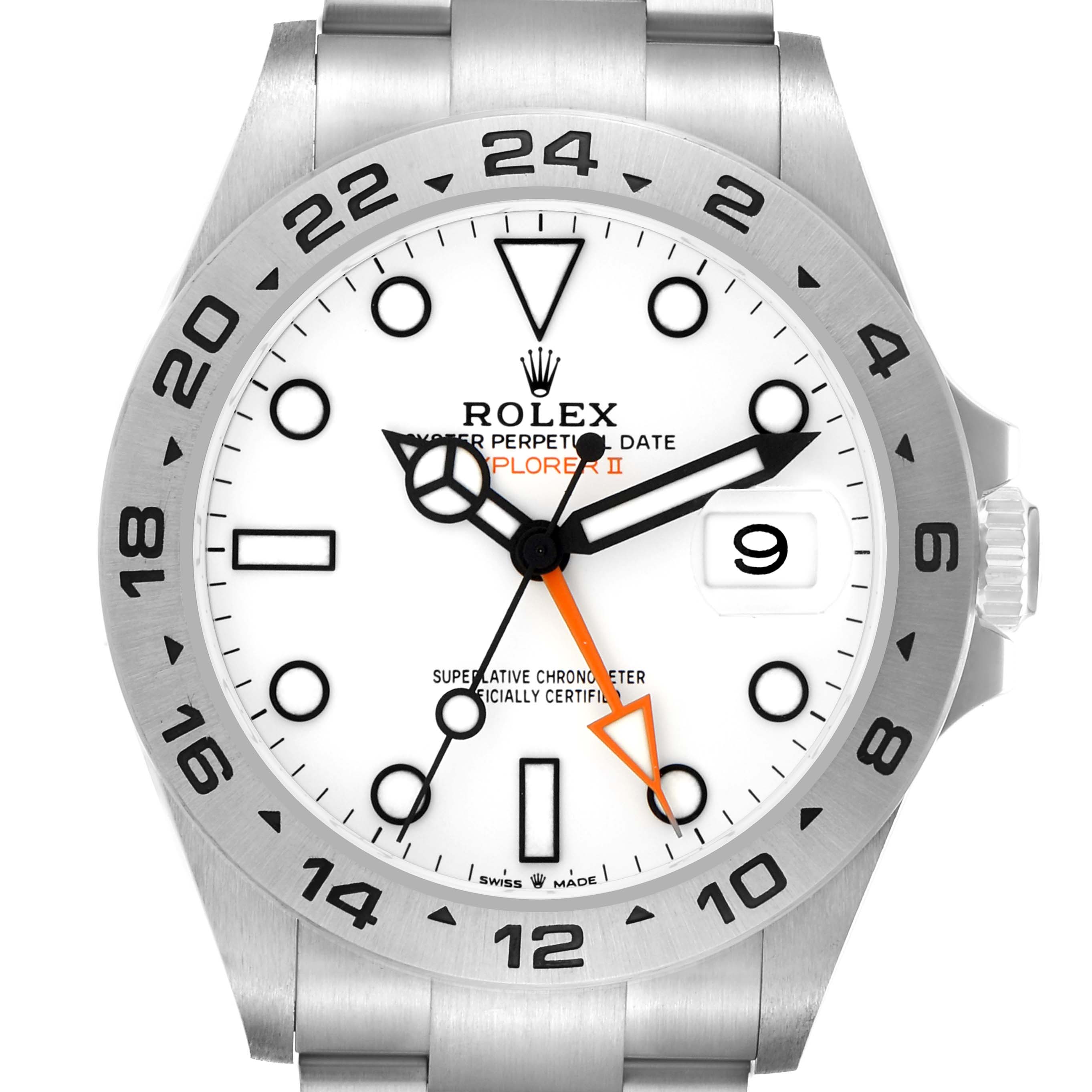 The image shows the Rolex Explorer II model 226570 watch face directly, displaying the dial, hands, bezel, and part of the bracelet.