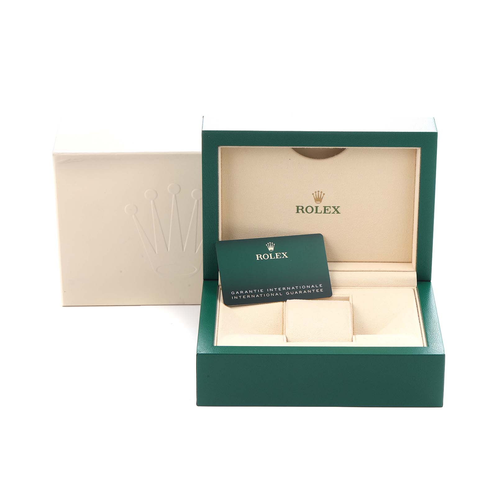 The image shows the packaging of a Rolex Explorer model 226570 men's watch, including the outer box, inner box, and international guarantee card.