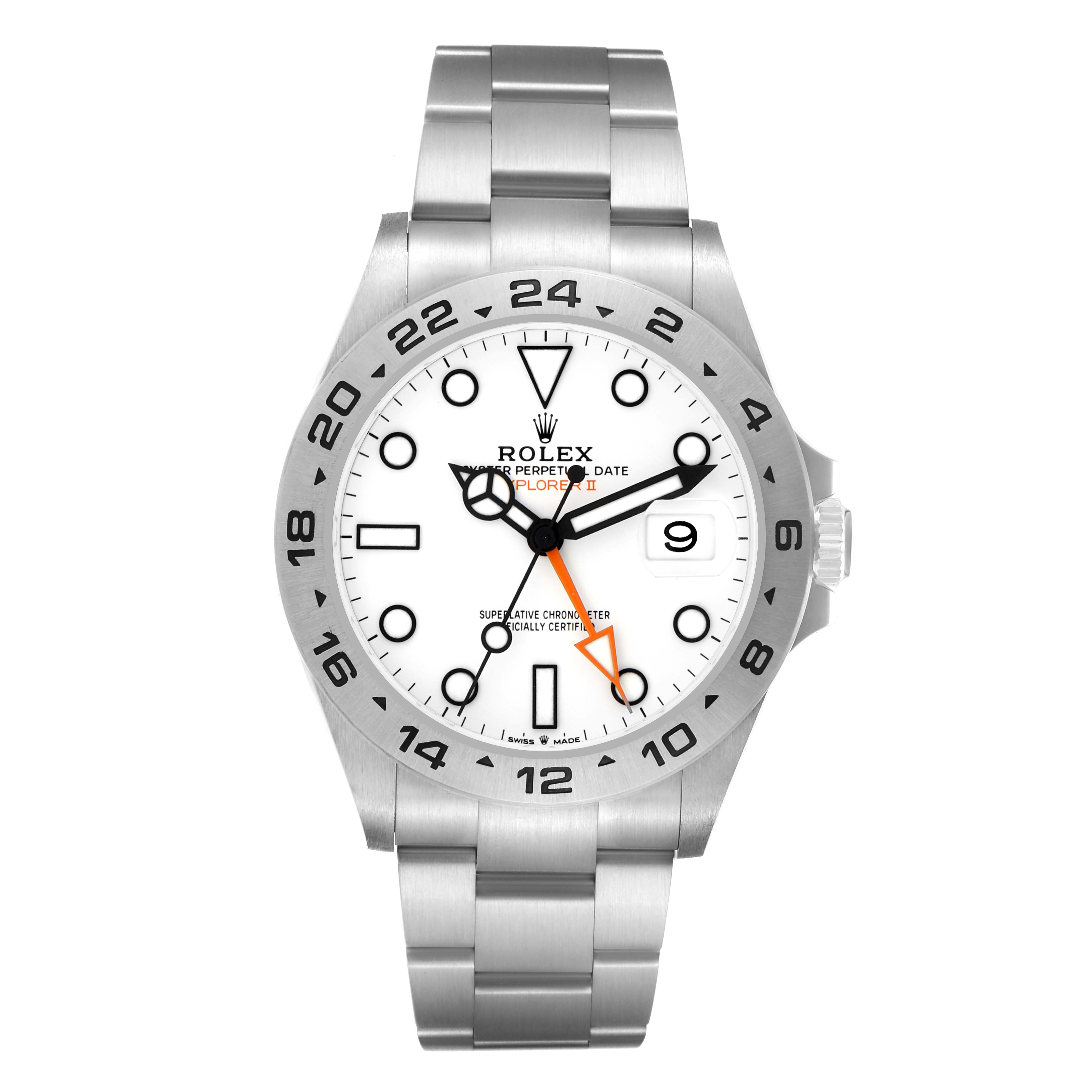 The Rolex Explorer model 226570 is shown from a frontal angle, displaying its white dial, black markers, orange hand, bezel, and stainless steel bracelet.