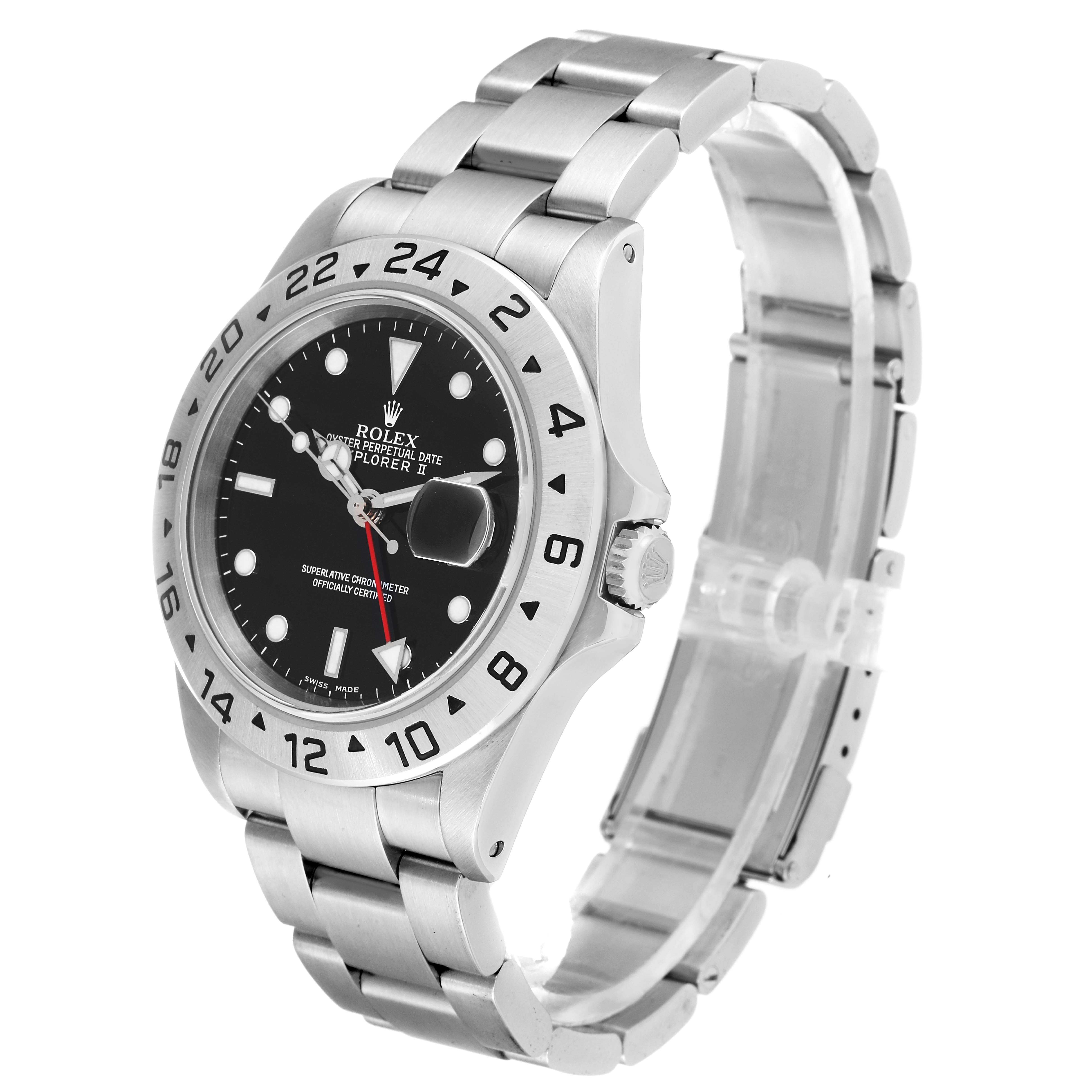 The Rolex Explorer 16570 Men's Stainless Steel Black Dial 16570 Men's Stainless Steel Black Dial watch is shown from a three-quarter angle, highlighting the face, bezel, and bracelet.
