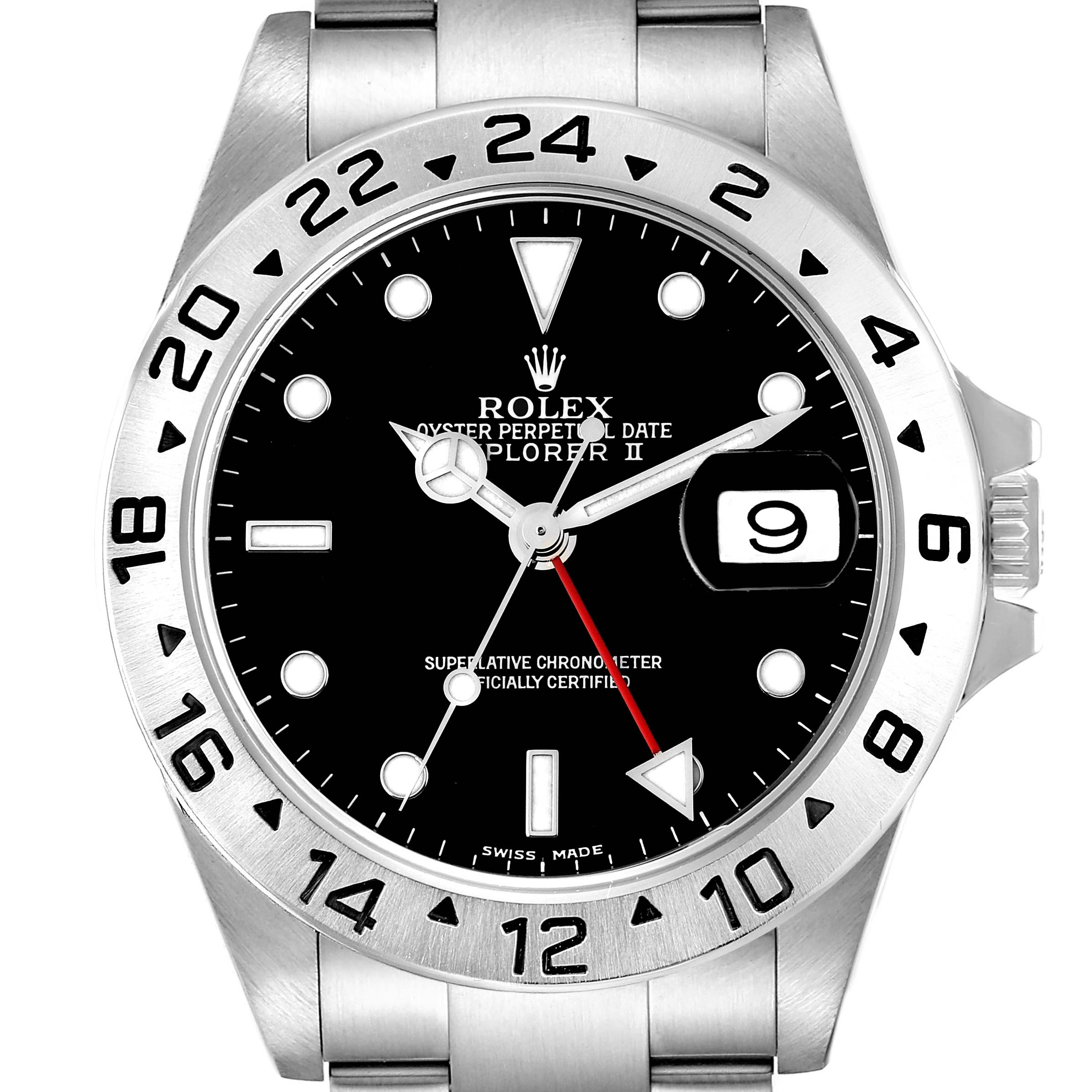 The image shows a front-facing view of a Rolex Explorer 16570 Men's Stainless Steel Black Dial 16570 Men's Stainless Steel Black Dial watch, displaying its bezel, dial, hands, and date window.