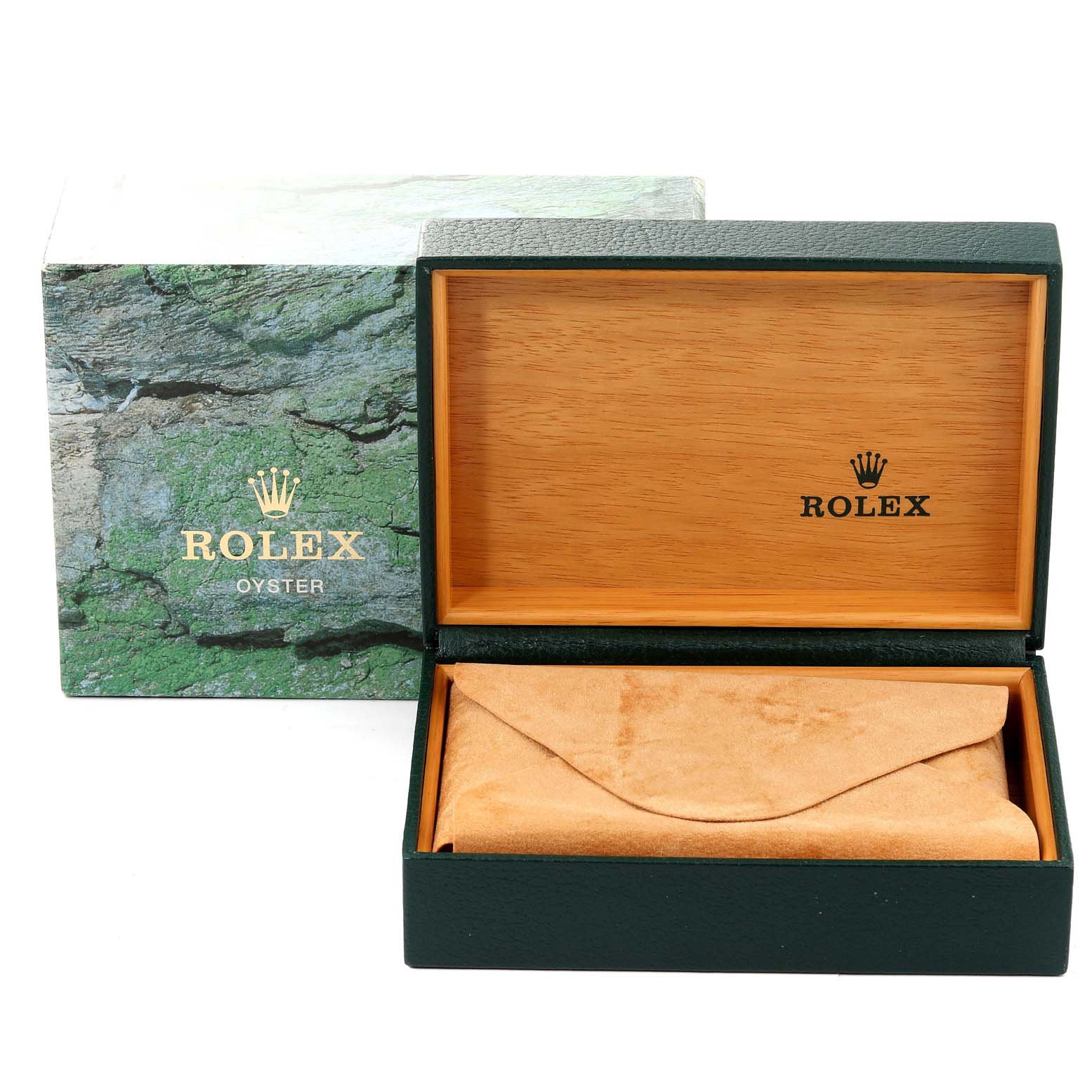 This image shows an open Rolex Explorer 16570 Men's Stainless Steel Black Dial 16570 Men's Stainless Steel Black Dial watch box, revealing the interior wooden lining and a beige pouch inside.